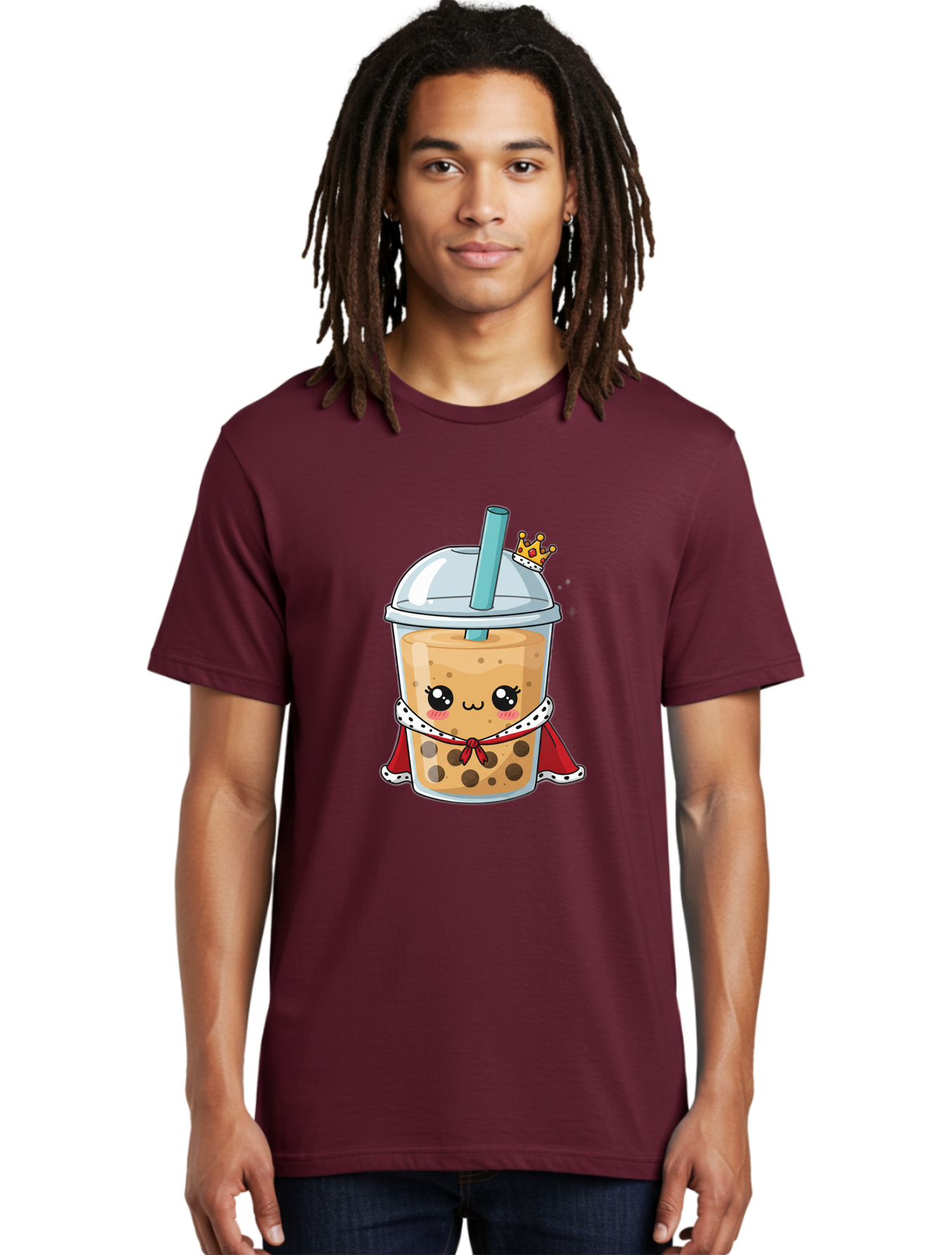 Boba-Tea-King Men'S Graphic Tee, 100% Cotton, Comfortable Casual Summer Wear, Machine Washable, Cute Boba Tea, Cartoon Character, Milk Tea, Bubble Tea, Boba Drink, Royal Crown, Red Cape, White Trim, Kawaii, Boba Lover, Tea Enthusiast Bac671 24
