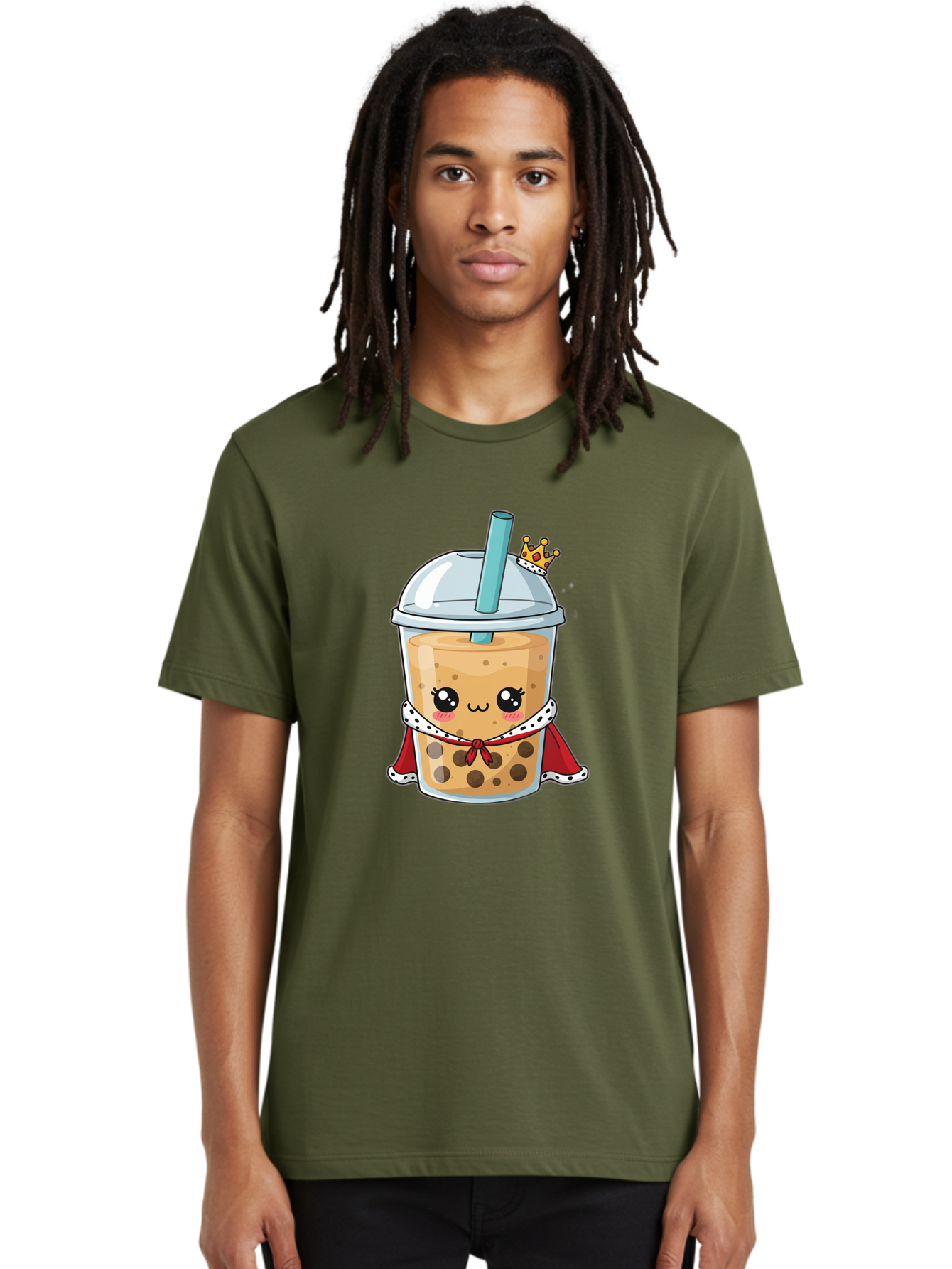 Boba-Tea-King Men'S Graphic Tee, 100% Cotton, Comfortable Casual Summer Wear, Machine Washable, Cute Boba Tea, Cartoon Character, Milk Tea, Bubble Tea, Boba Drink, Royal Crown, Red Cape, White Trim, Kawaii, Boba Lover, Tea Enthusiast Bac671 23