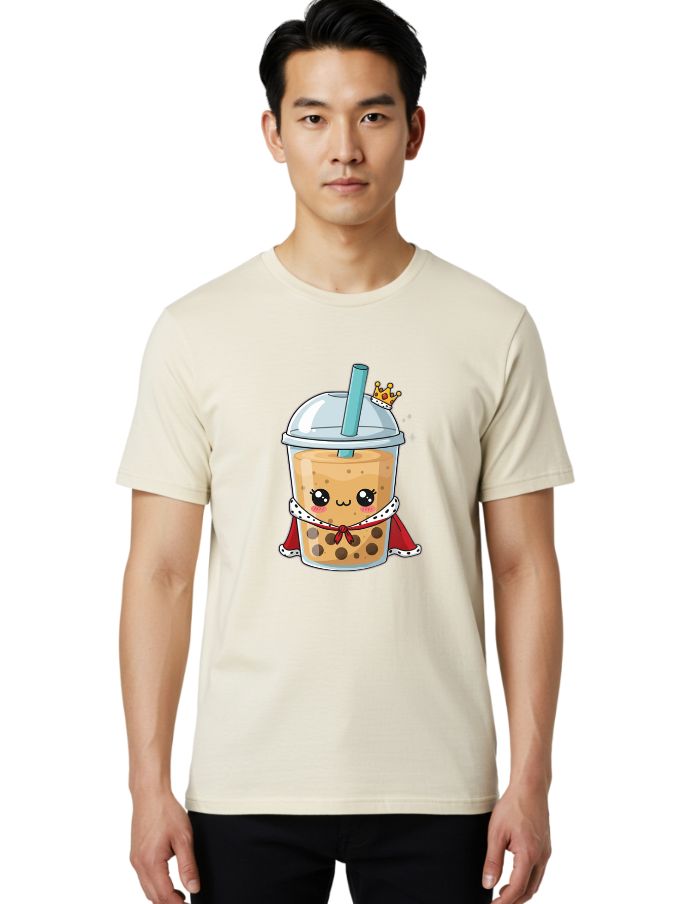 Boba-Tea-King Men'S Graphic Tee, 100% Cotton, Comfortable Casual Summer Wear, Machine Washable, Cute Boba Tea, Cartoon Character, Milk Tea, Bubble Tea, Boba Drink, Royal Crown, Red Cape, White Trim, Kawaii, Boba Lover, Tea Enthusiast Bac671 29
