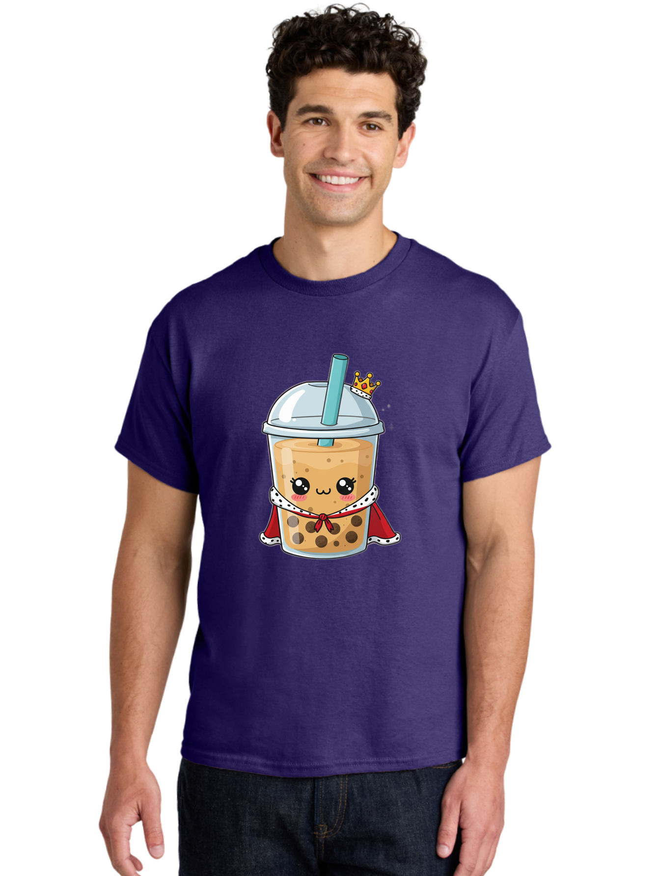 Boba-Tea-King Men'S Graphic Tee, 100% Cotton, Comfortable Casual Summer Wear, Machine Washable, Cute Boba Tea, Cartoon Character, Milk Tea, Bubble Tea, Boba Drink, Royal Crown, Red Cape, White Trim, Kawaii, Boba Lover, Tea Enthusiast Bac671 18