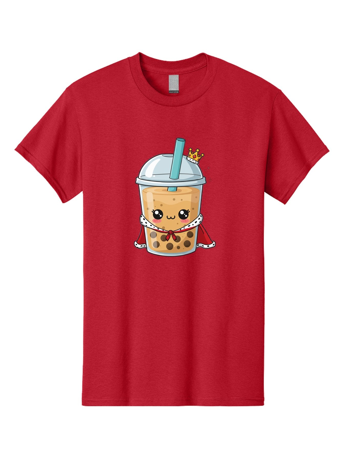 Boba-Tea-King Men'S Graphic Tee, 100% Cotton, Comfortable Casual Summer Wear, Machine Washable, Cute Boba Tea, Cartoon Character, Milk Tea, Bubble Tea, Boba Drink, Royal Crown, Red Cape, White Trim, Kawaii, Boba Lover, Tea Enthusiast Bac671