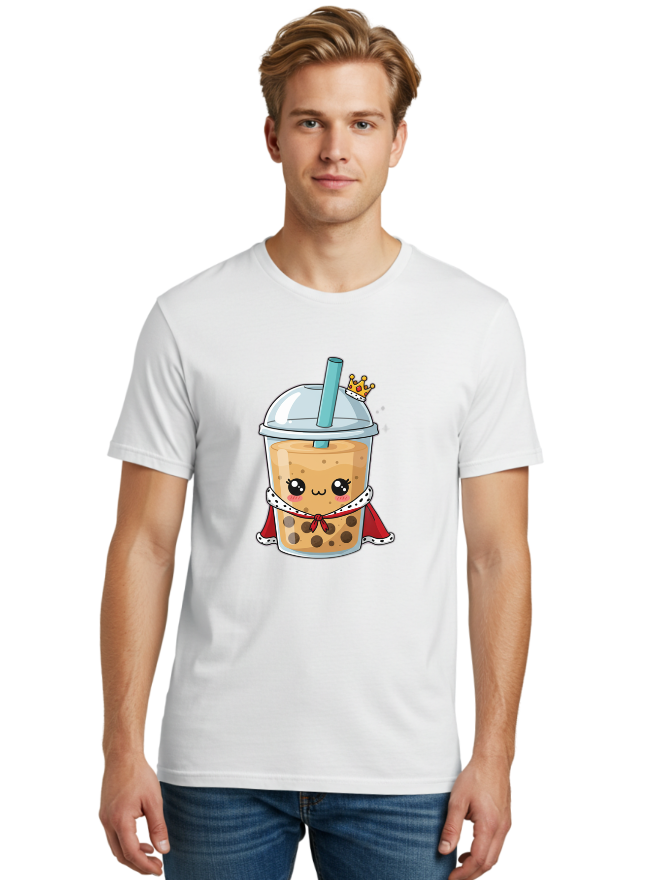 Boba-Tea-King Men'S Graphic Tee, 100% Cotton, Comfortable Casual Summer Wear, Machine Washable, Cute Boba Tea, Cartoon Character, Milk Tea, Bubble Tea, Boba Drink, Royal Crown, Red Cape, White Trim, Kawaii, Boba Lover, Tea Enthusiast Bac671 28