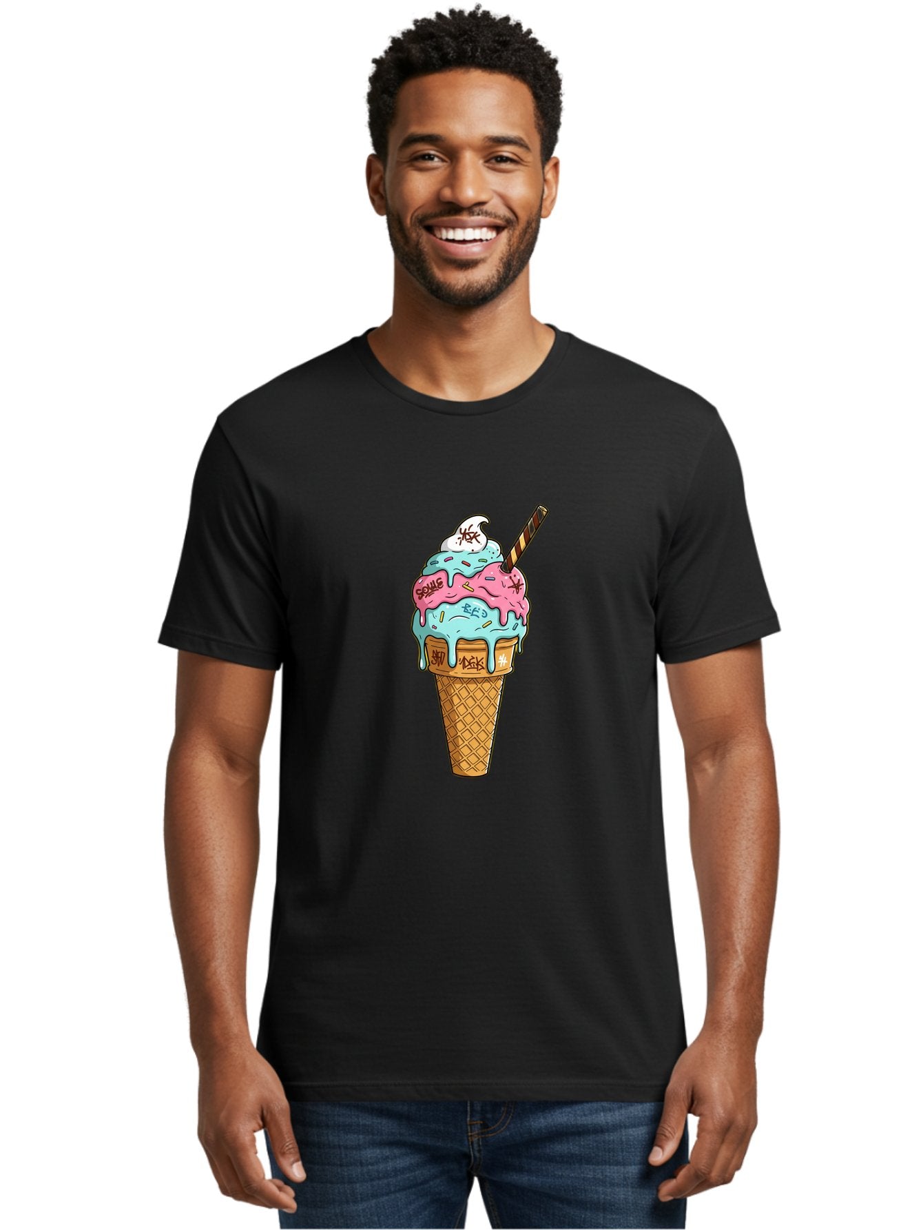 Bomb-Graffiti-Ice-Cream Men'S Graphic Tee, 100% Cotton, Comfortable Casual Summer Wear, Machine Washable, Graffiti Ice Cream, Colorful Dessert, Street Art Style, Vibrant Colors, Unique Treat, Sweet Indulgence, Creative Food Art, Bac675 28