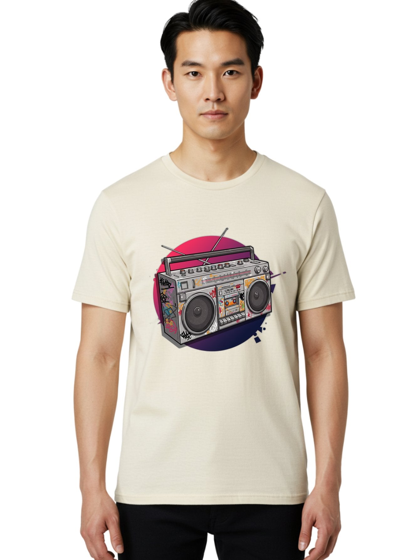 Boombox Men'S Graphic Tee, 100% Cotton, Comfortable Casual Summer Wear, Machine Washable, Vintage Boombox, Retro Music Player, Graffiti Art, Cassette Tape, 80S Nostalgia, Portable Radio, Street Style, Urban Culture Bac679 18