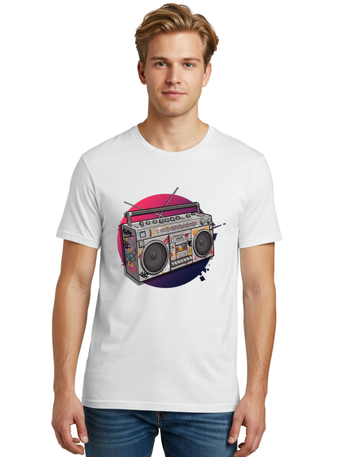 Boombox Men'S Graphic Tee, 100% Cotton, Comfortable Casual Summer Wear, Machine Washable, Vintage Boombox, Retro Music Player, Graffiti Art, Cassette Tape, 80S Nostalgia, Portable Radio, Street Style, Urban Culture Bac679 27