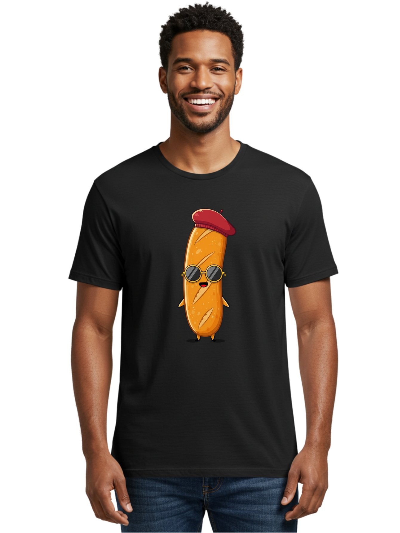 Bread-Mascot Men'S Graphic Tee, 100% Cotton, Comfortable Casual Summer Wear, Machine Washable, Cartoon Hot Dog, Wearing Sunglasses, Red Beret, French-Inspired, Quirky Character, Humorous Illustration, Trendy Food, Fun Graphics, Bac681 27