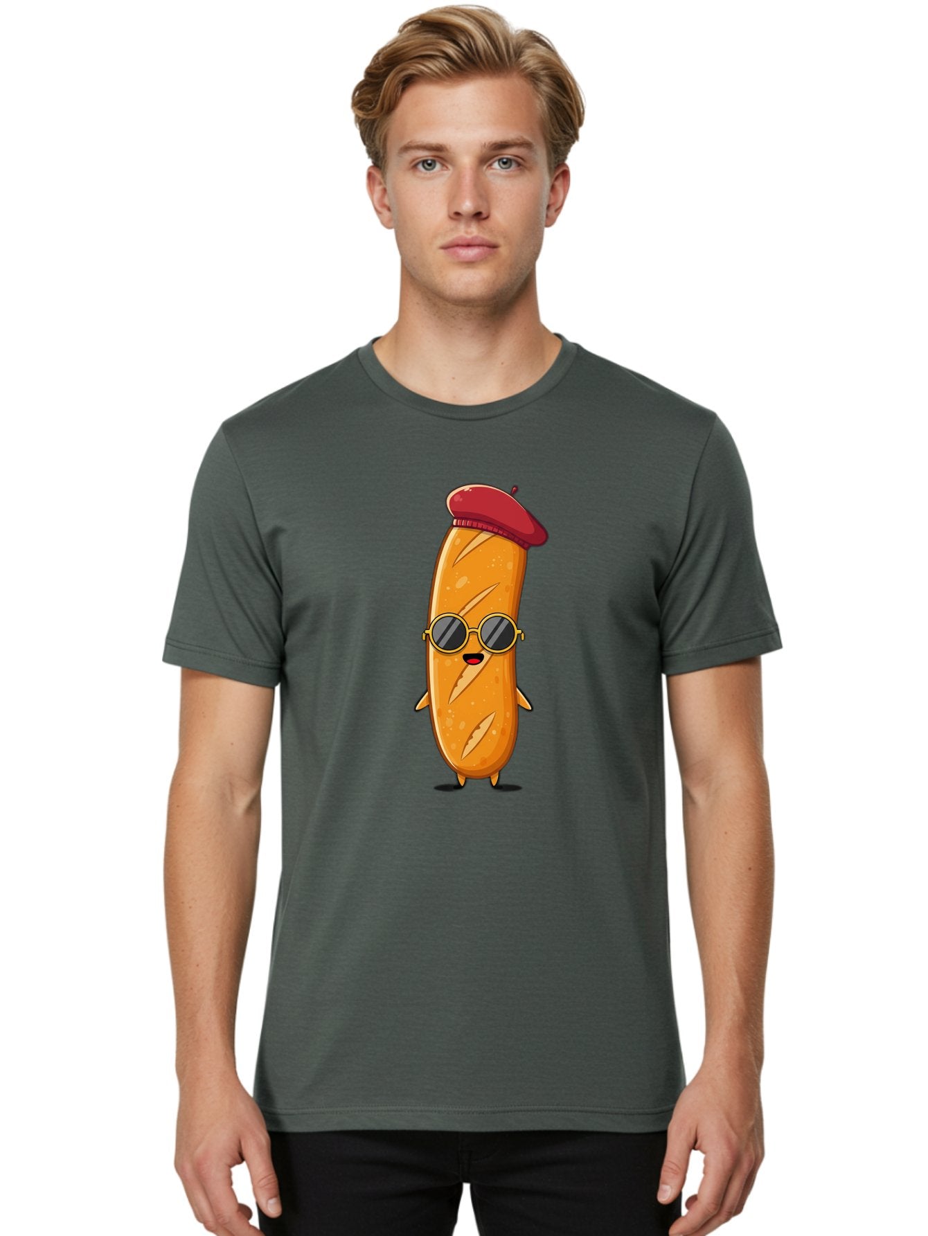 Bread-Mascot Men'S Graphic Tee, 100% Cotton, Comfortable Casual Summer Wear, Machine Washable, Cartoon Hot Dog, Wearing Sunglasses, Red Beret, French-Inspired, Quirky Character, Humorous Illustration, Trendy Food, Fun Graphics, Bac681 22