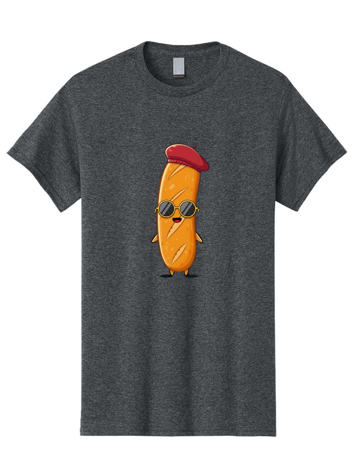 Bread-Mascot Men'S Graphic Tee, 100% Cotton, Comfortable Casual Summer Wear, Machine Washable, Cartoon Hot Dog, Wearing Sunglasses, Red Beret, French-Inspired, Quirky Character, Humorous Illustration, Trendy Food, Fun Graphics, Bac681