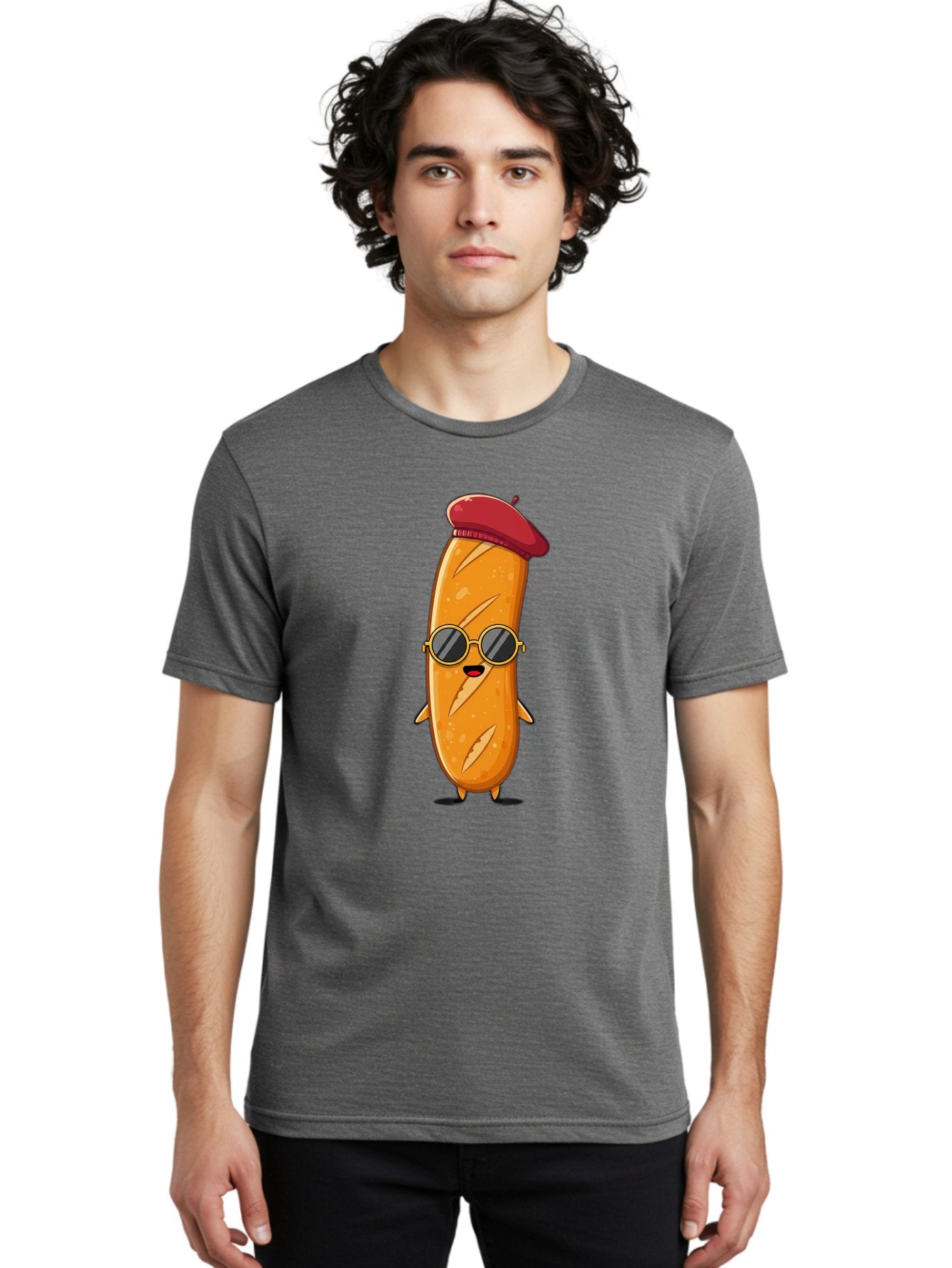 Bread-Mascot Men'S Graphic Tee, 100% Cotton, Comfortable Casual Summer Wear, Machine Washable, Cartoon Hot Dog, Wearing Sunglasses, Red Beret, French-Inspired, Quirky Character, Humorous Illustration, Trendy Food, Fun Graphics, Bac681 28