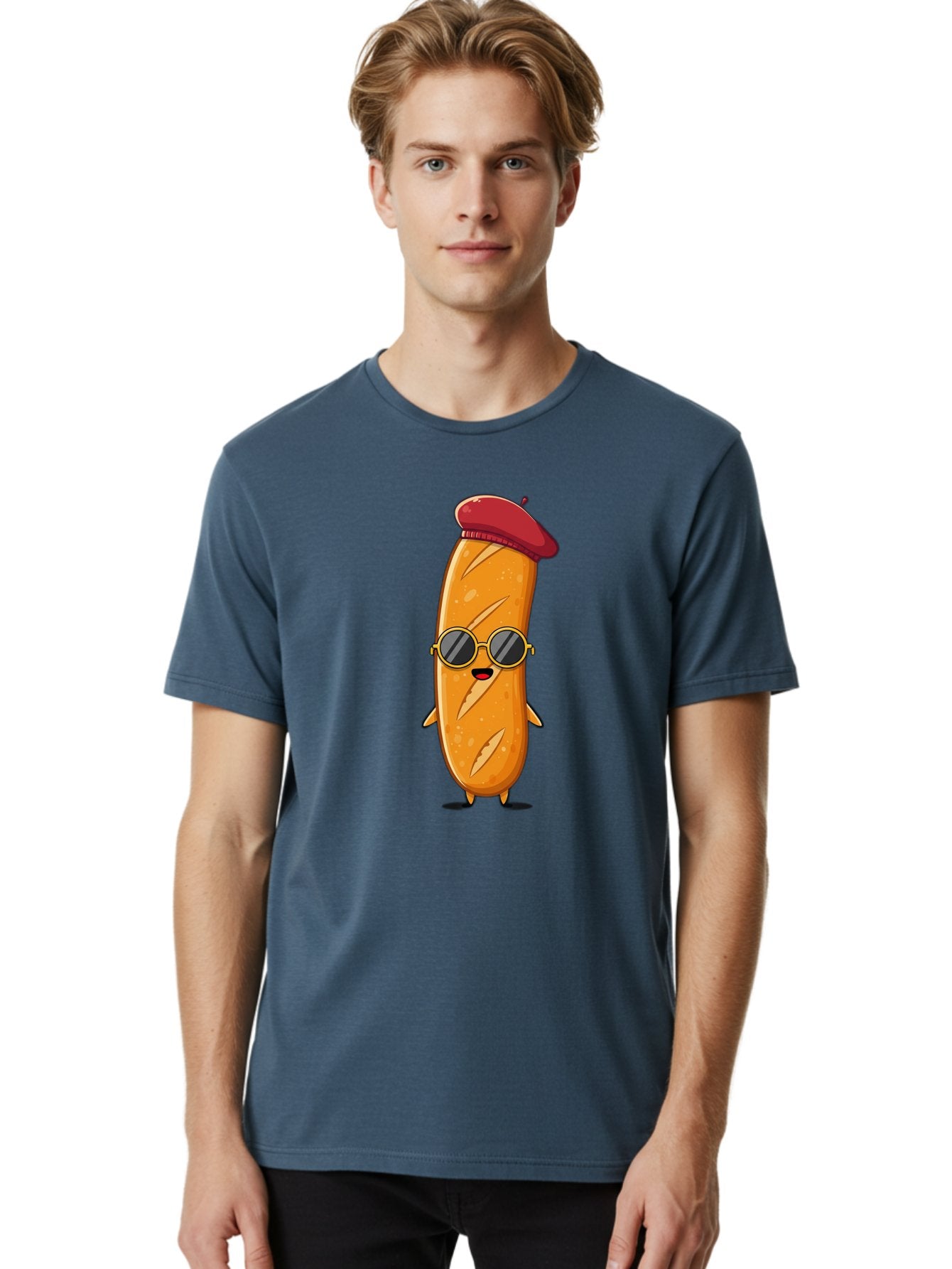 Bread-Mascot Men'S Graphic Tee, 100% Cotton, Comfortable Casual Summer Wear, Machine Washable, Cartoon Hot Dog, Wearing Sunglasses, Red Beret, French-Inspired, Quirky Character, Humorous Illustration, Trendy Food, Fun Graphics, Bac681 20