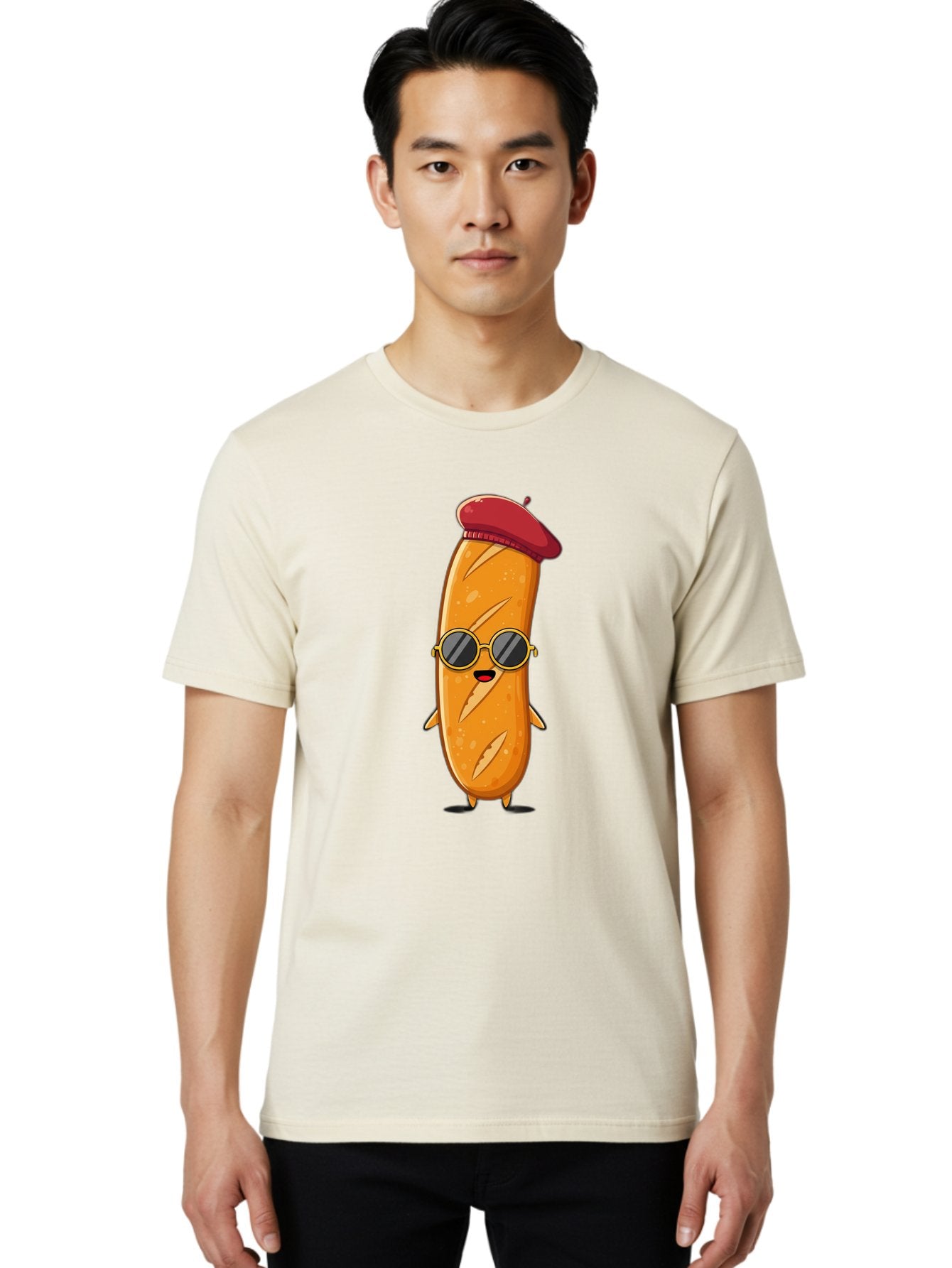 Bread-Mascot Men'S Graphic Tee, 100% Cotton, Comfortable Casual Summer Wear, Machine Washable, Cartoon Hot Dog, Wearing Sunglasses, Red Beret, French-Inspired, Quirky Character, Humorous Illustration, Trendy Food, Fun Graphics, Bac681 25