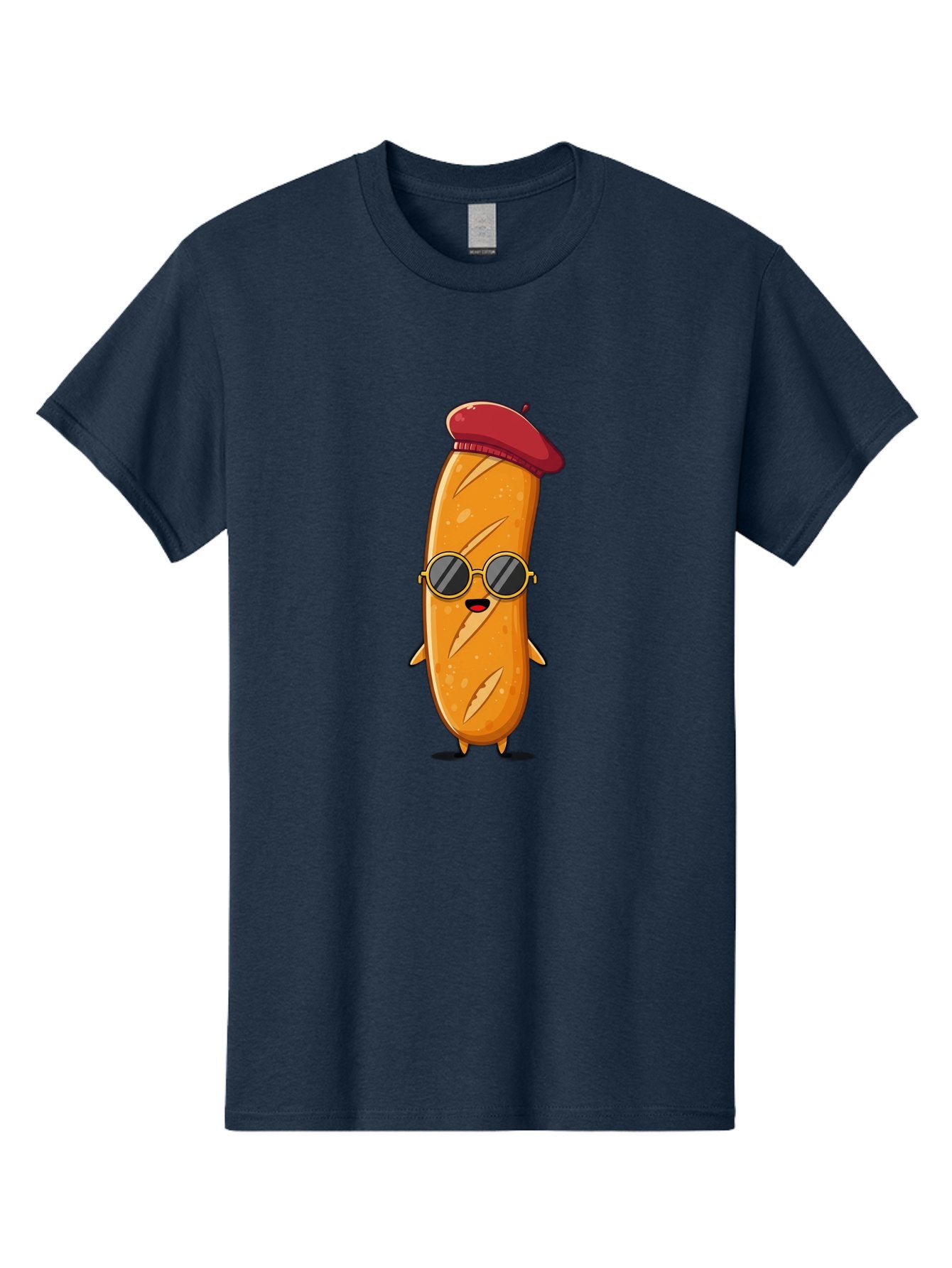 Bread-Mascot Men'S Graphic Tee, 100% Cotton, Comfortable Casual Summer Wear, Machine Washable, Cartoon Hot Dog, Wearing Sunglasses, Red Beret, French-Inspired, Quirky Character, Humorous Illustration, Trendy Food, Fun Graphics, Bac681