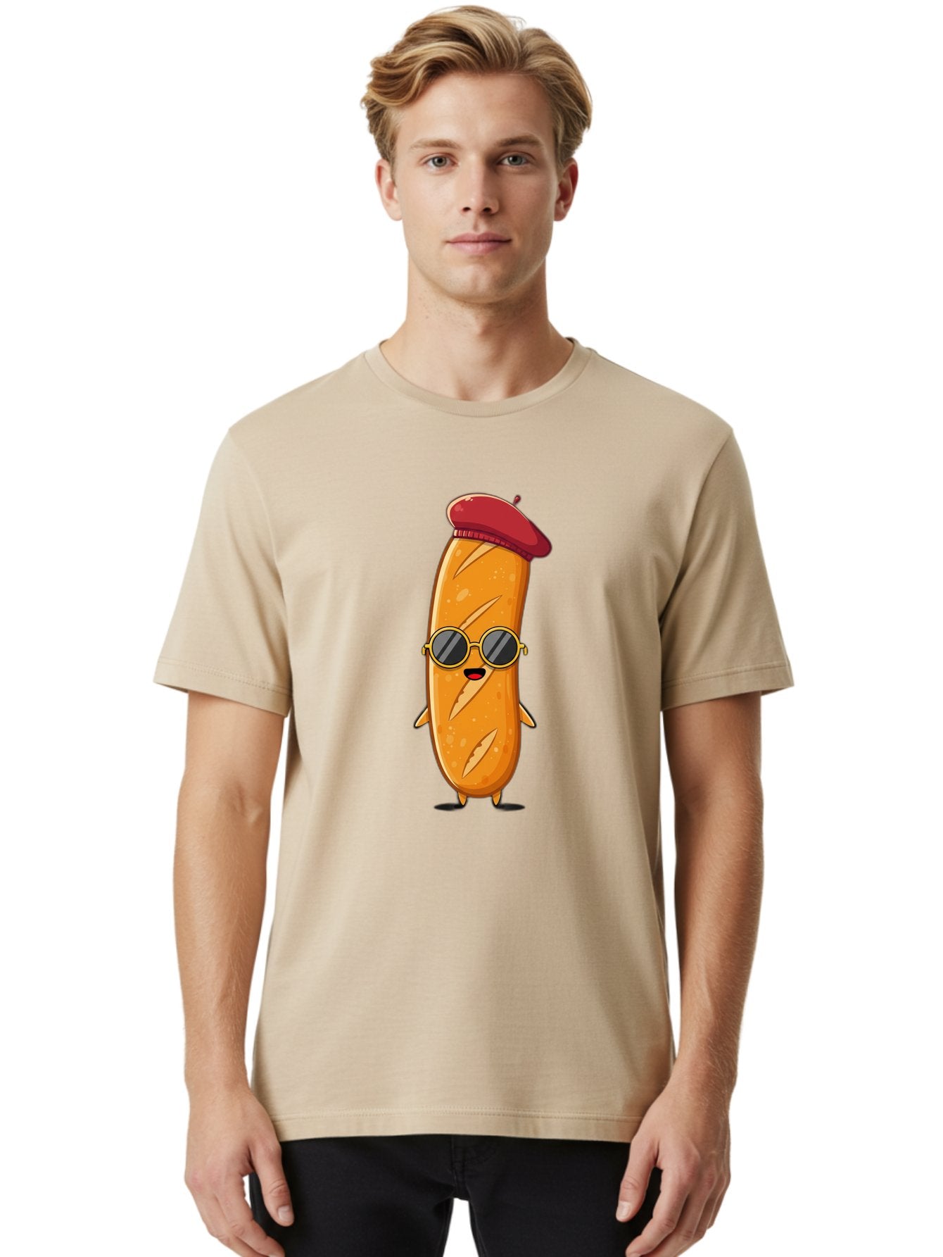 Bread-Mascot Men'S Graphic Tee, 100% Cotton, Comfortable Casual Summer Wear, Machine Washable, Cartoon Hot Dog, Wearing Sunglasses, Red Beret, French-Inspired, Quirky Character, Humorous Illustration, Trendy Food, Fun Graphics, Bac681 17
