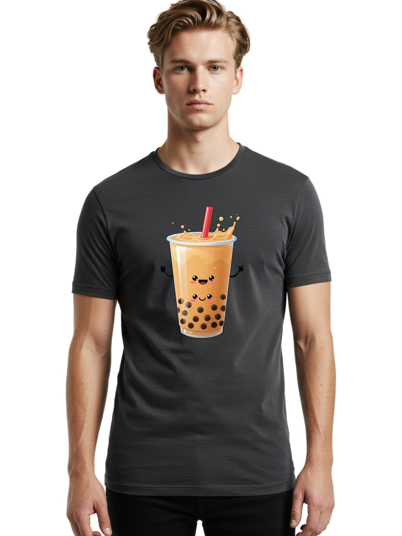 Bubble-Milk-Tea-4 Men'S Graphic Tee, 100% Cotton, Comfortable Casual Summer Wear, Machine Washable, Cartoon Bubble Tea, Boba Tea, Milk Tea, Kawaii Drink, Cute Beverage, Smiling Drink, Asian Drink Culture, Tea Lover Bac686 17