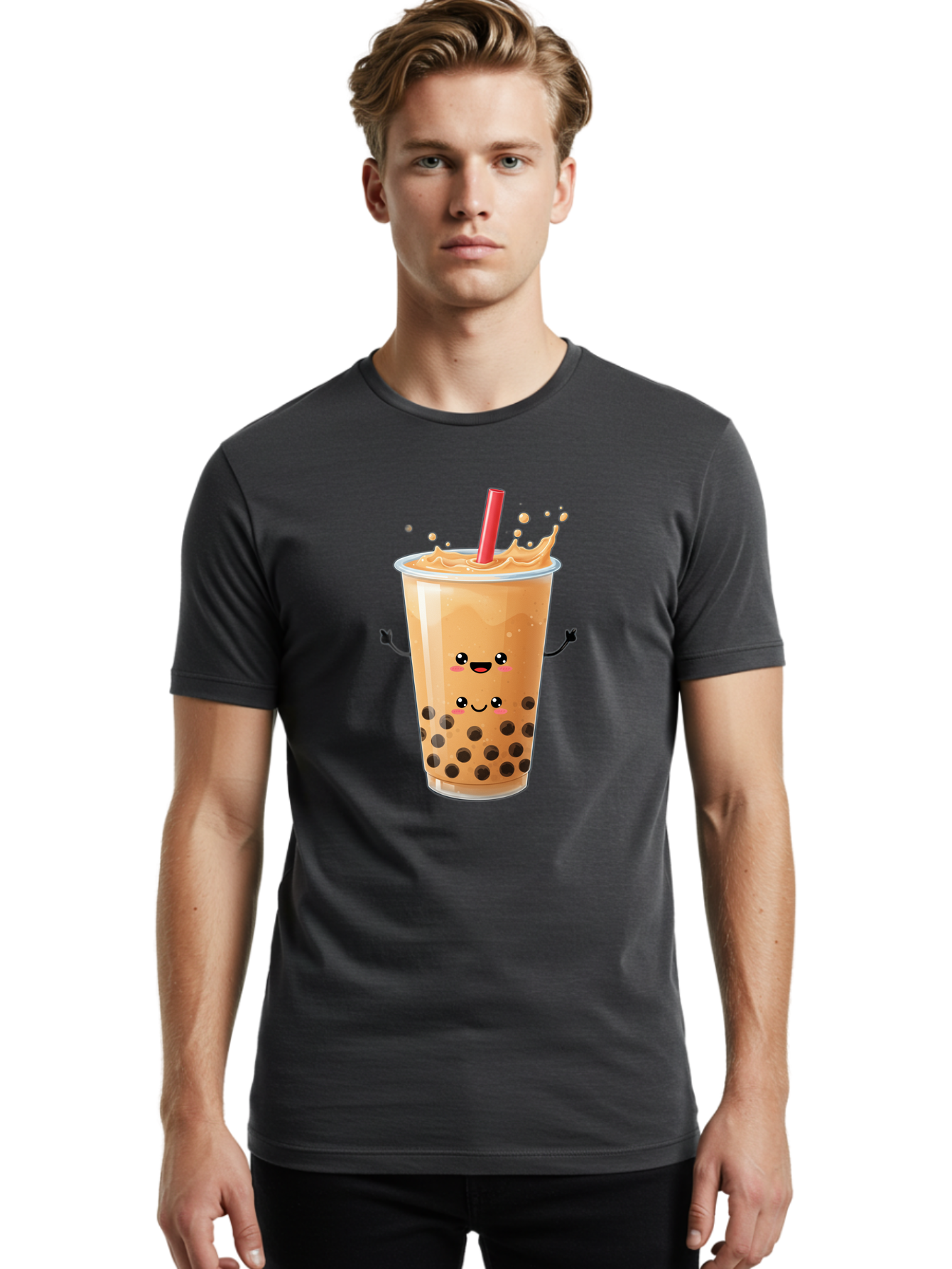 Bubble-Milk-Tea-4 Men'S Graphic Tee, 100% Cotton, Comfortable Casual Summer Wear, Machine Washable, Cartoon Bubble Tea, Boba Tea, Milk Tea, Kawaii Drink, Cute Beverage, Smiling Drink, Asian Drink Culture, Tea Lover Bac686 29