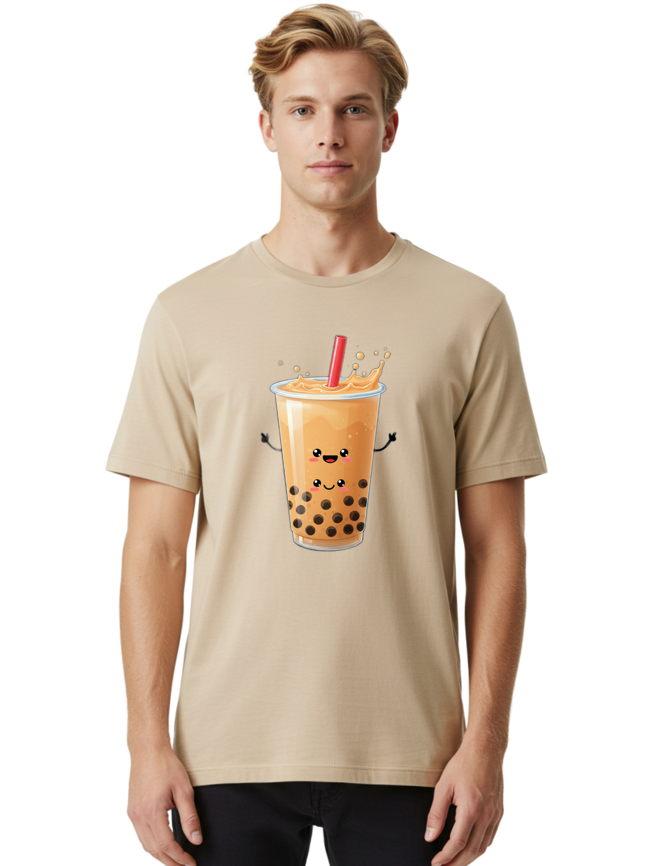 Bubble-Milk-Tea-4 Men'S Graphic Tee, 100% Cotton, Comfortable Casual Summer Wear, Machine Washable, Cartoon Bubble Tea, Boba Tea, Milk Tea, Kawaii Drink, Cute Beverage, Smiling Drink, Asian Drink Culture, Tea Lover Bac686 16
