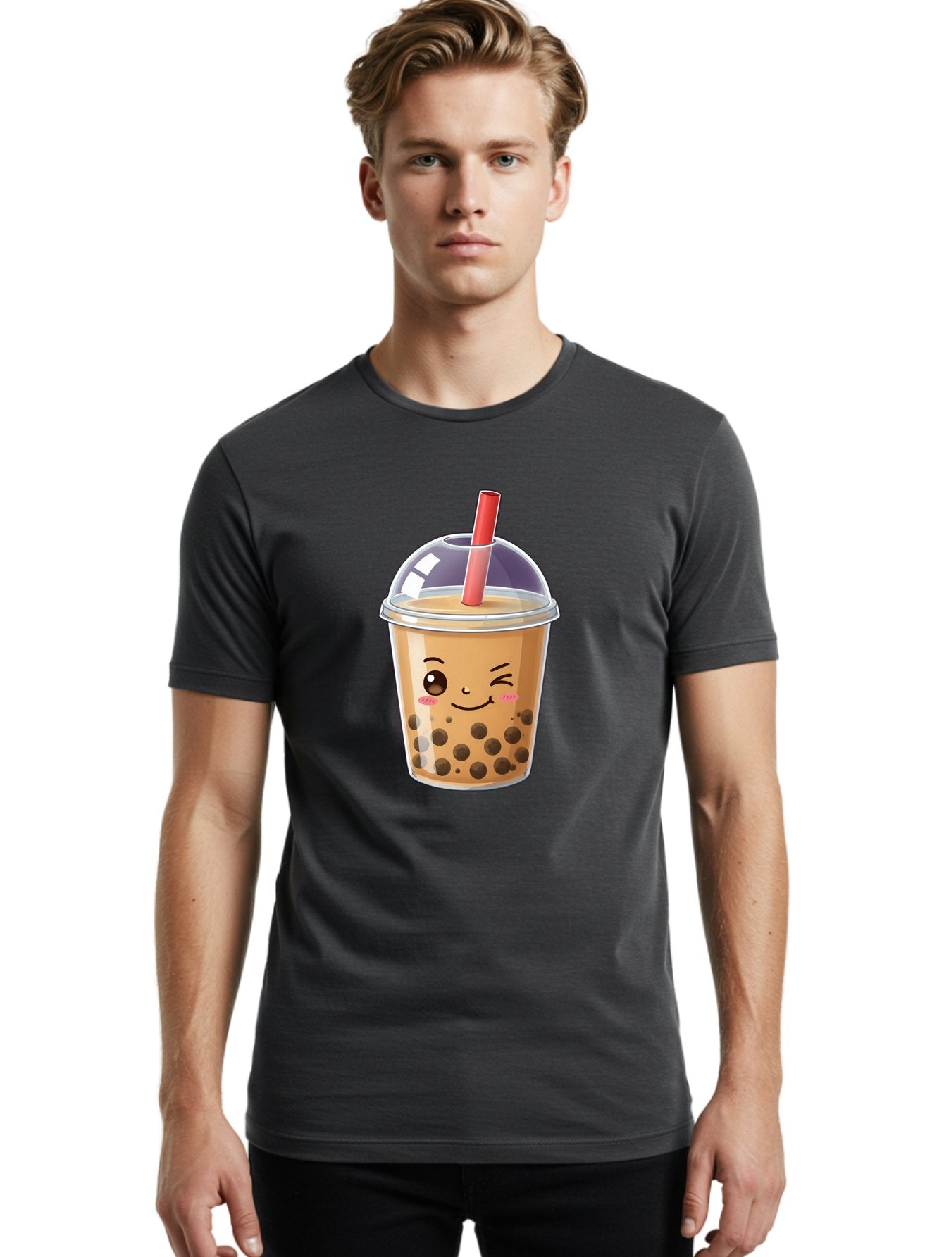 Bubble-Milk-Tea-5 Men'S Graphic Tee, 100% Cotton, Comfortable Casual Summer Wear, Machine Washable, Bubble Tea, Cute Cartoon, Milk Tea, Boba Drink, Kawaii Culture, Sweet Treats, Straw And Lid, Adorable Face, Winking Eyes, Smiling, Bac687 25