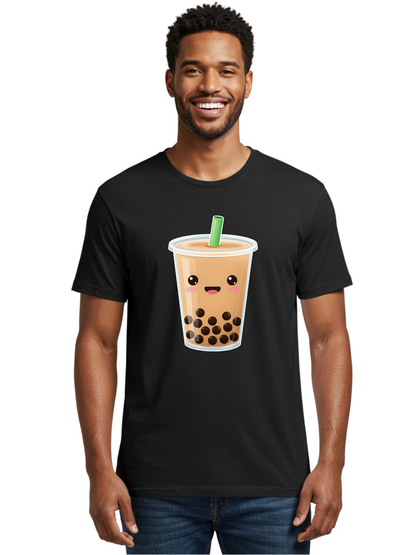 Bubble-Milk-Tea Men'S Graphic Tee, 100% Cotton, Comfortable Casual Summer Wear, Machine Washable, Bubble Tea, Boba, Milk Tea, Straw, Cartoon Character, Cute Face, Black Boba Pearls, Smiling, Kawaii, Popular Drink, Fun Design, Tasty, Bac688 16