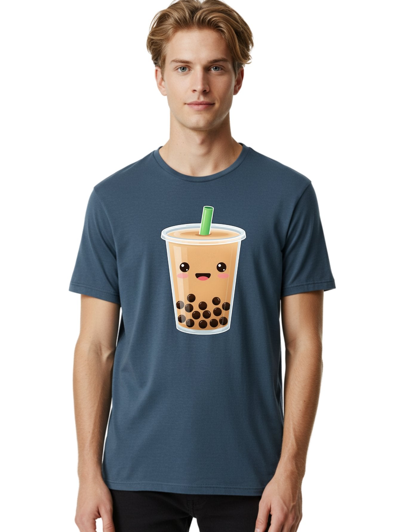 Bubble-Milk-Tea Men'S Graphic Tee, 100% Cotton, Comfortable Casual Summer Wear, Machine Washable, Bubble Tea, Boba, Milk Tea, Straw, Cartoon Character, Cute Face, Black Boba Pearls, Smiling, Kawaii, Popular Drink, Fun Design, Tasty, Bac688 25