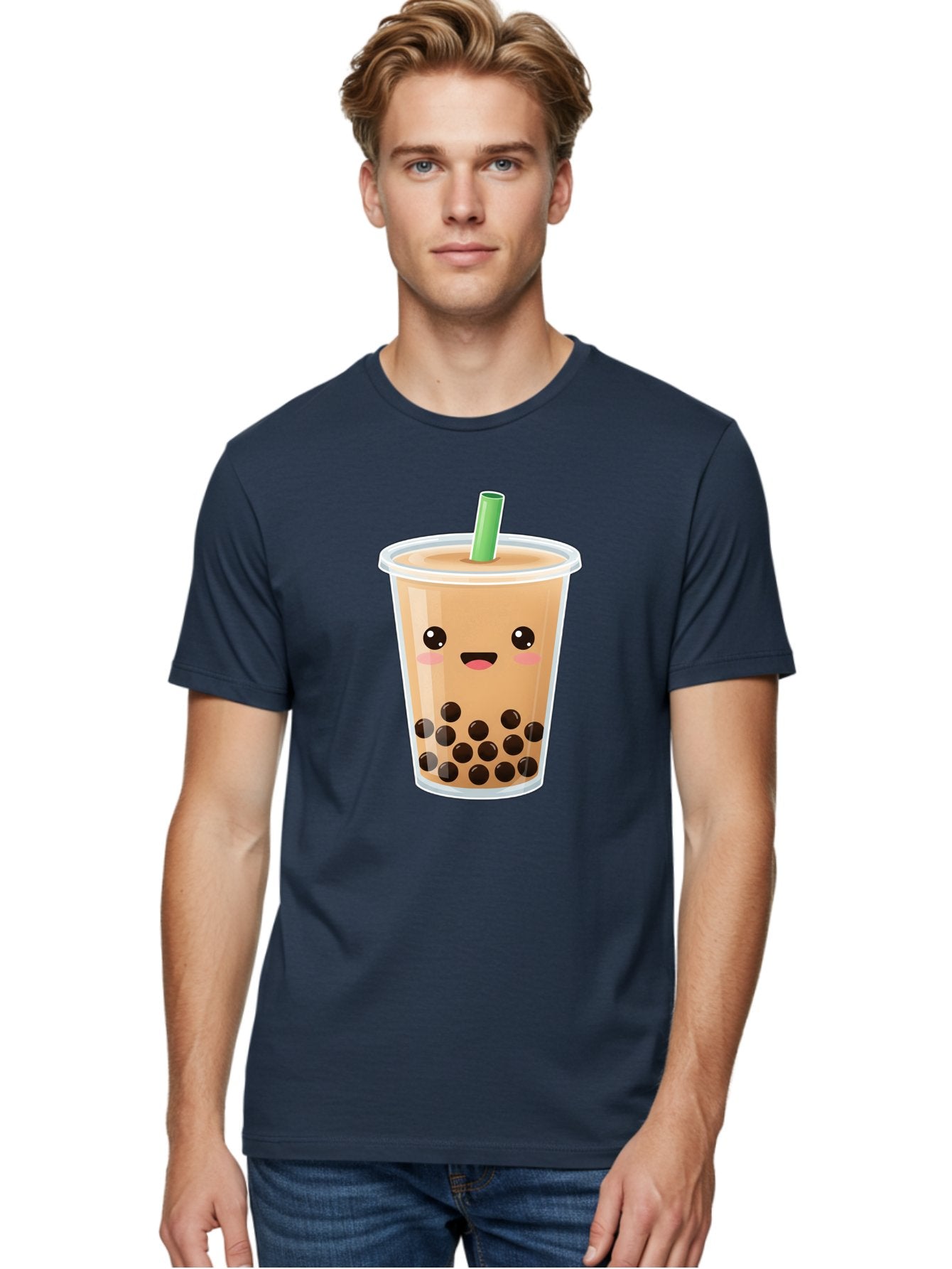 Bubble-Milk-Tea Men'S Graphic Tee, 100% Cotton, Comfortable Casual Summer Wear, Machine Washable, Bubble Tea, Boba, Milk Tea, Straw, Cartoon Character, Cute Face, Black Boba Pearls, Smiling, Kawaii, Popular Drink, Fun Design, Tasty, Bac688 24