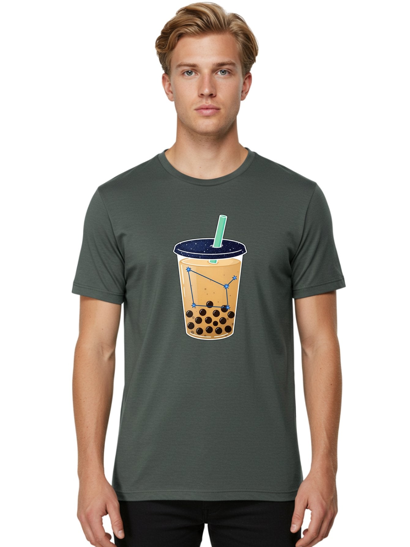 Bubble-Tea-11 Men'S Graphic Tee, 100% Cotton, Comfortable Casual Summer Wear, Machine Washable, Bubble Tea, Boba Drink, Milk Tea, Constellation Design, Starry Night, Coffee Drink, Tea Cup, Straw, Tapioca Pearls Bac691 16