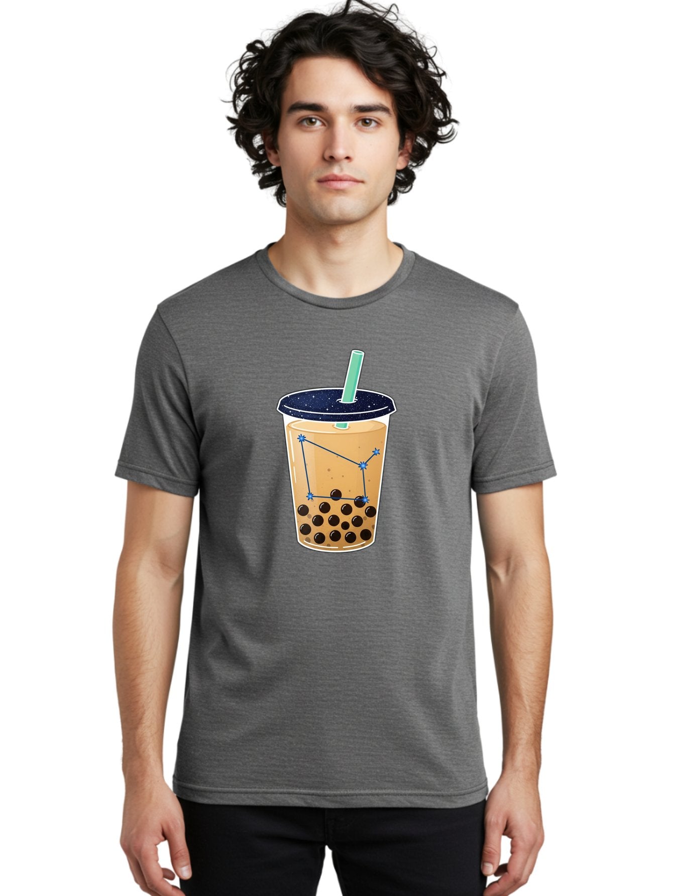 Bubble-Tea-11 Men'S Graphic Tee, 100% Cotton, Comfortable Casual Summer Wear, Machine Washable, Bubble Tea, Boba Drink, Milk Tea, Constellation Design, Starry Night, Coffee Drink, Tea Cup, Straw, Tapioca Pearls Bac691 19