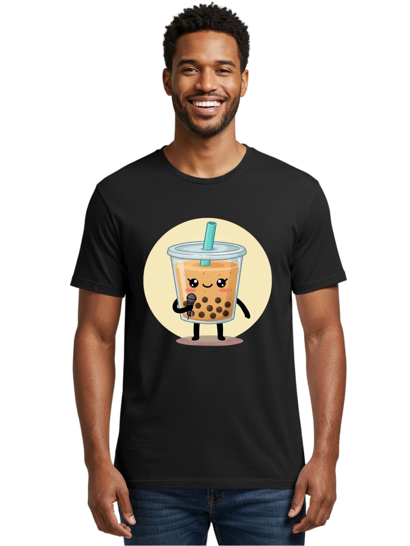 Bubble-Tea-12 Men'S Graphic Tee, 100% Cotton, Comfortable Casual Summer Wear, Machine Washable, Cartoon Bubble Tea, Adorable Character, Kawaii, Cute Illustration, Boba Drink, Microphone, Straw, Charming Personality, Fun Design, Playful Vibe, Bac692 29