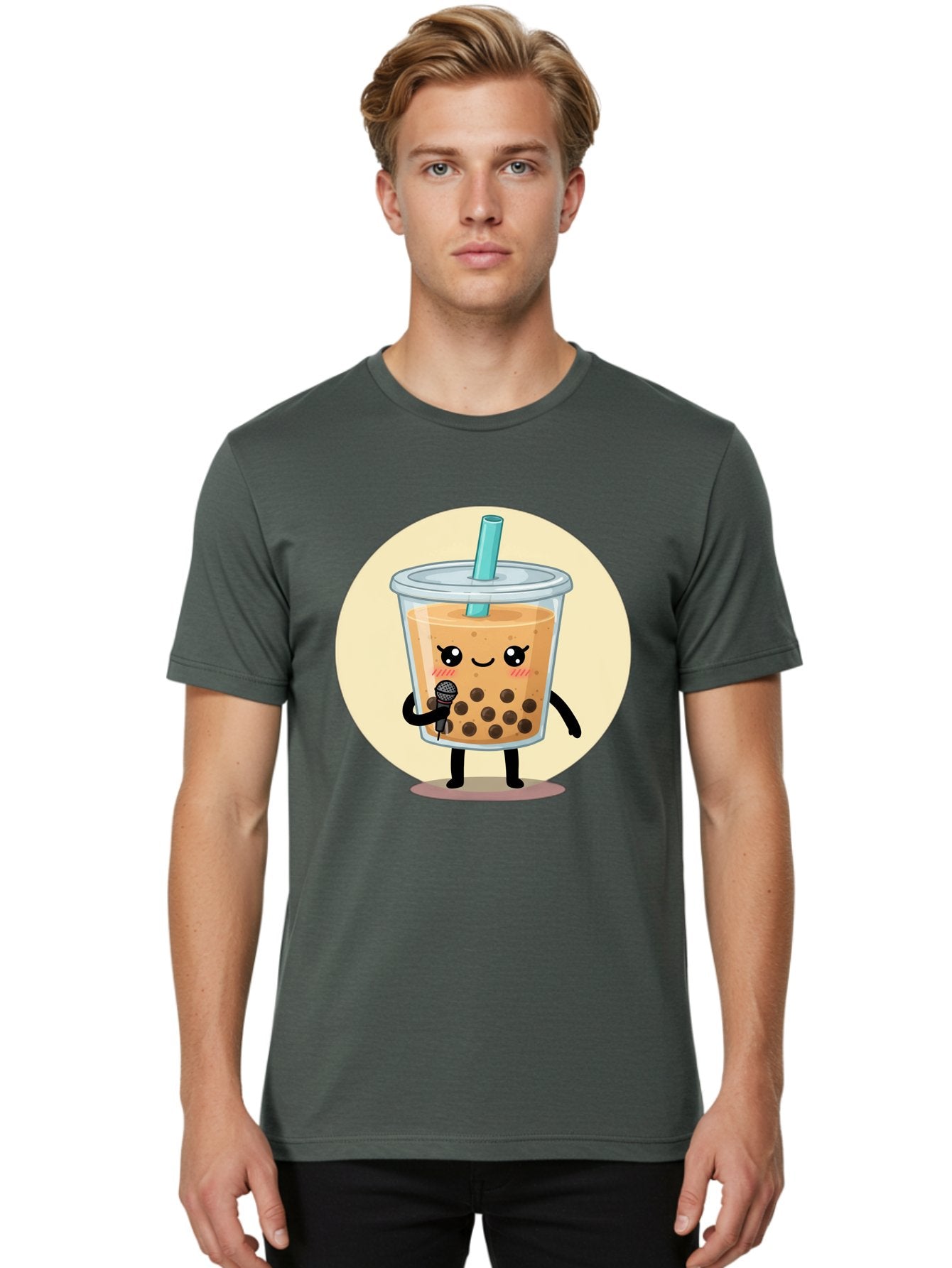 Bubble-Tea-12 Men'S Graphic Tee, 100% Cotton, Comfortable Casual Summer Wear, Machine Washable, Cartoon Bubble Tea, Adorable Character, Kawaii, Cute Illustration, Boba Drink, Microphone, Straw, Charming Personality, Fun Design, Playful Vibe, Bac692 25