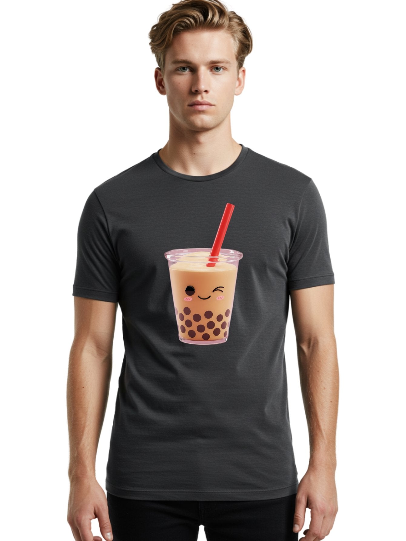 Bubble-Tea-19 Men'S Graphic Tee, 100% Cotton, Comfortable Casual Summer Wear, Machine Washable, Bubble Tea, Boba Tea, Milk Tea, Tapioca Pearls, Kawaii, Cute Drink, Tea Drink, Red Straw, Smiling Face, Adorable Beverage, Trendy Drink Bac699 25