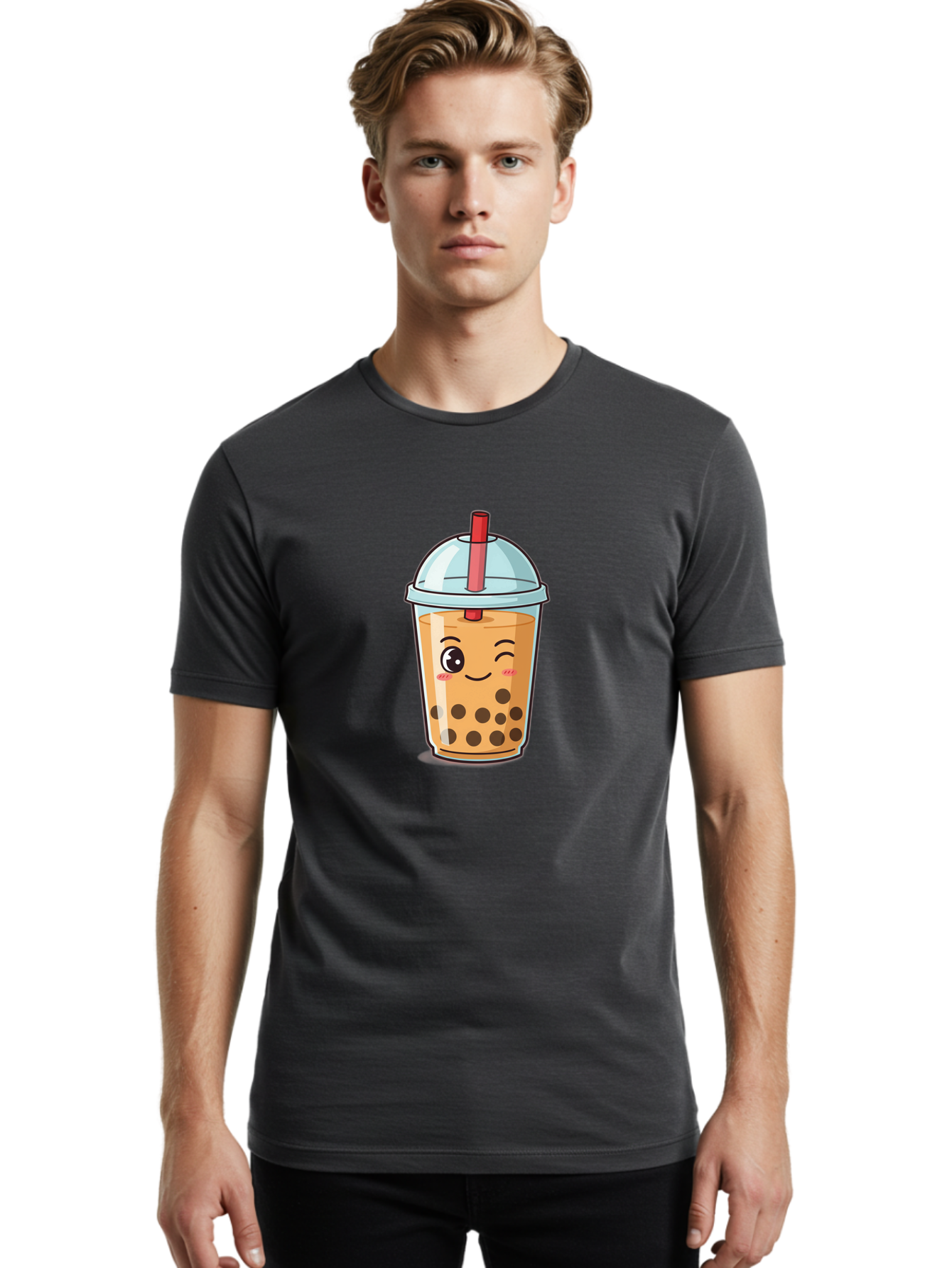 Bubble-Tea-23 Men'S Graphic Tee, 100% Cotton, Comfortable Casual Summer Wear, Machine Washable, Cartoon Boba Tea, Bubble Tea Drink, Animated Beverage, Smiling Face, Winking Eye, Cute Character, Boba Drink, Tea With Boba, Boba Love, Tea Culture Bac704 27