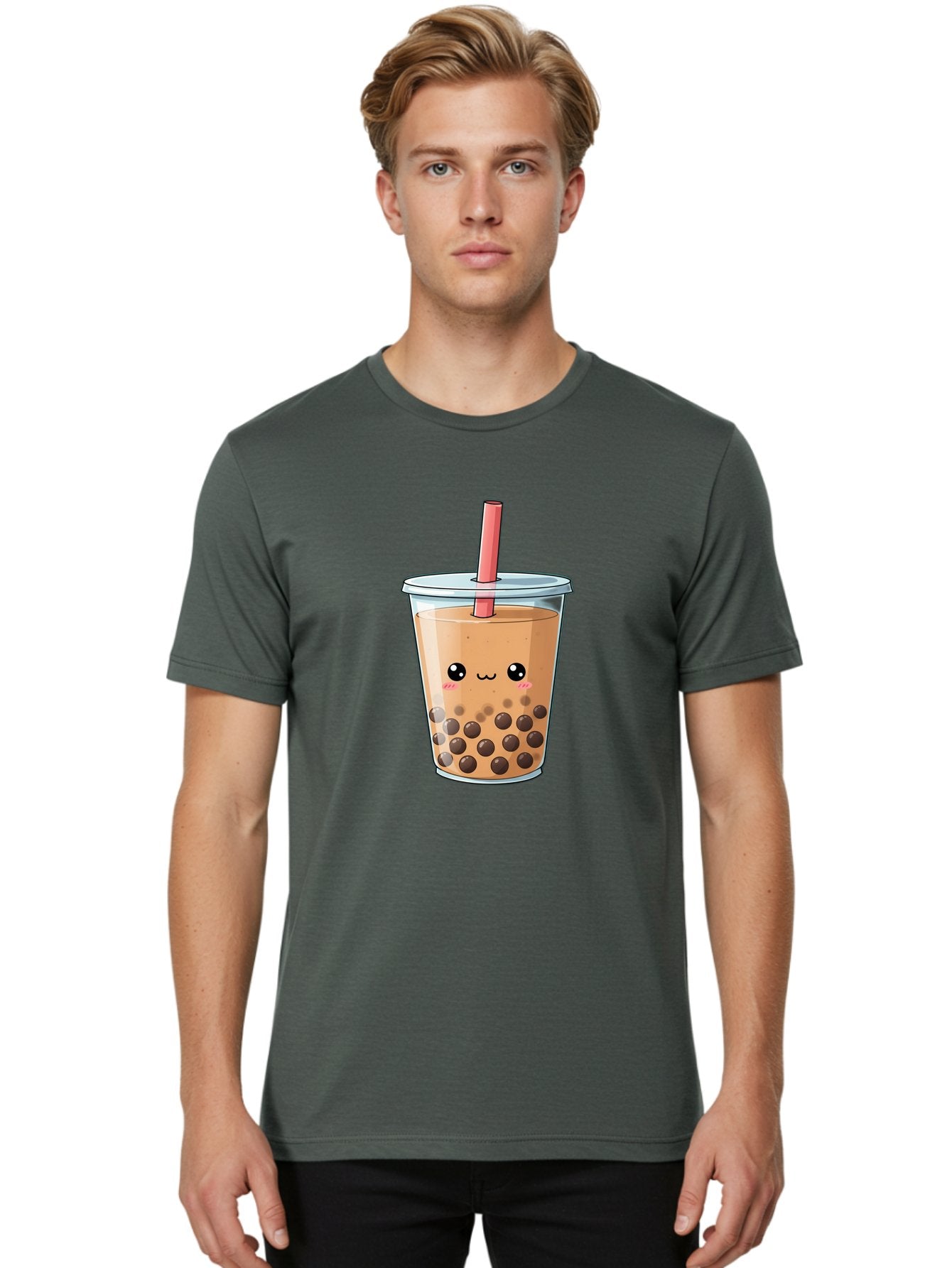 Bubble-Tea-5 Men'S Graphic Tee, 100% Cotton, Comfortable Casual Summer Wear, Machine Washable, Boba Tea, Milk Tea, Bubble Tea, Cute Drink, Cartoon Character, Adorable Face, Happy Expression, Brown Bubbles, Pink Straw, Iced Tea, Tea Culture, Bac707 16