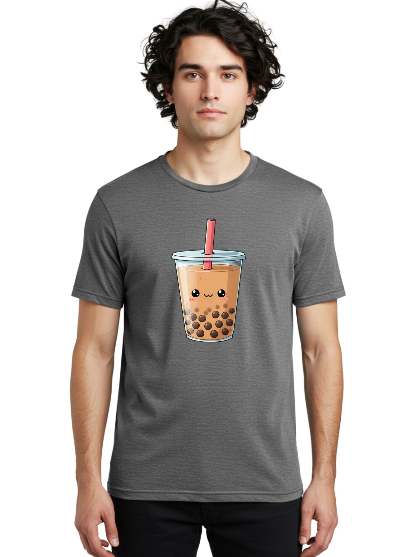 Bubble-Tea-5 Men'S Graphic Tee, 100% Cotton, Comfortable Casual Summer Wear, Machine Washable, Boba Tea, Milk Tea, Bubble Tea, Cute Drink, Cartoon Character, Adorable Face, Happy Expression, Brown Bubbles, Pink Straw, Iced Tea, Tea Culture, Bac707 18