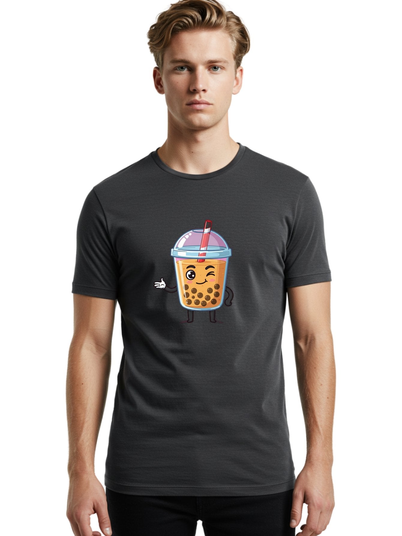 Bubble-Tea-Character Men'S Graphic Tee, 100% Cotton, Comfortable Casual Summer Wear, Machine Washable, Bubble Tea, Boba Drink, Cartoon Character, Cute Mascot, Smiling Face, Winking Eye, Straw, Boba Balls, Tea Cup, Drink Straw, Happy Face, Bac712 16