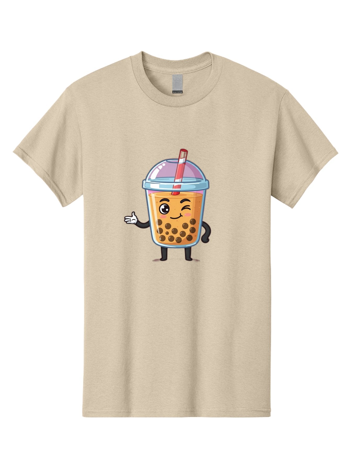 Bubble-Tea-Character Men'S Graphic Tee, 100% Cotton, Comfortable Casual Summer Wear, Machine Washable, Bubble Tea, Boba Drink, Cartoon Character, Cute Mascot, Smiling Face, Winking Eye, Straw, Boba Balls, Tea Cup, Drink Straw, Happy Face, Bac712