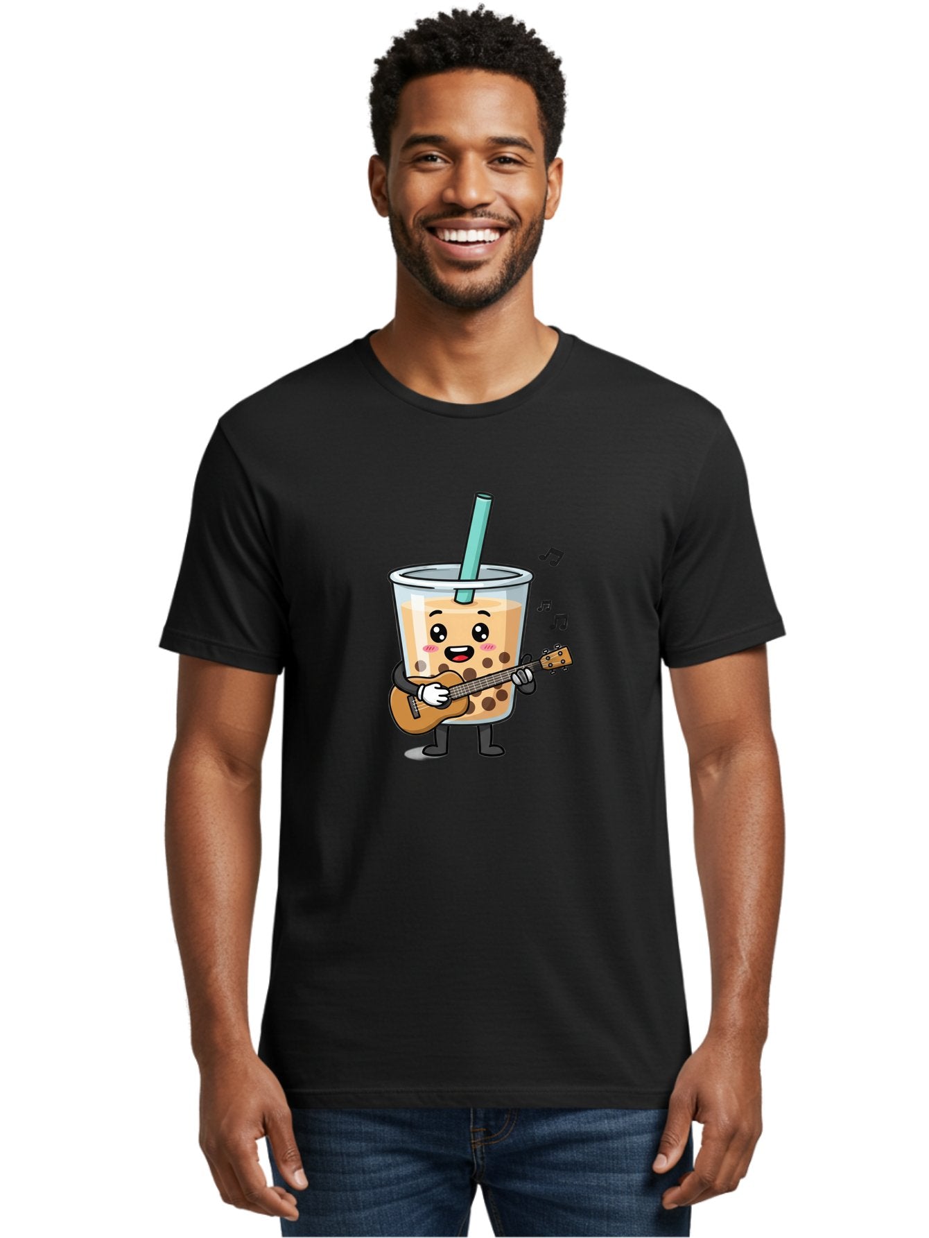 Bubble-Tea-With-Ukulele Men'S Graphic Tee, 100% Cotton, Comfortable Casual Summer Wear, Machine Washable, Boba Tea Playing Guitar, Cute Cartoon Character, Bubble Tea Mascot, Music Lover, Fun Beverage, Kawaii, Milk Tea, Quirky Illustration Bac713 25