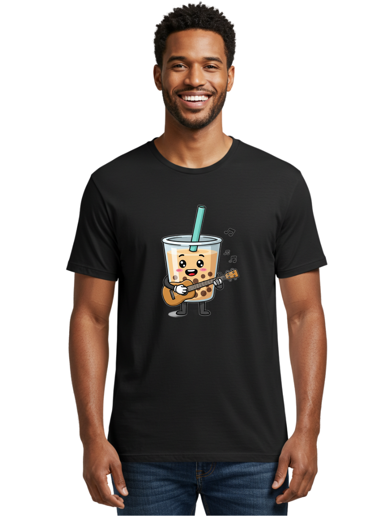 Bubble-Tea-With-Ukulele Men'S Graphic Tee, 100% Cotton, Comfortable Casual Summer Wear, Machine Washable, Boba Tea Playing Guitar, Cute Cartoon Character, Bubble Tea Mascot, Music Lover, Fun Beverage, Kawaii, Milk Tea, Quirky Illustration Bac713 21