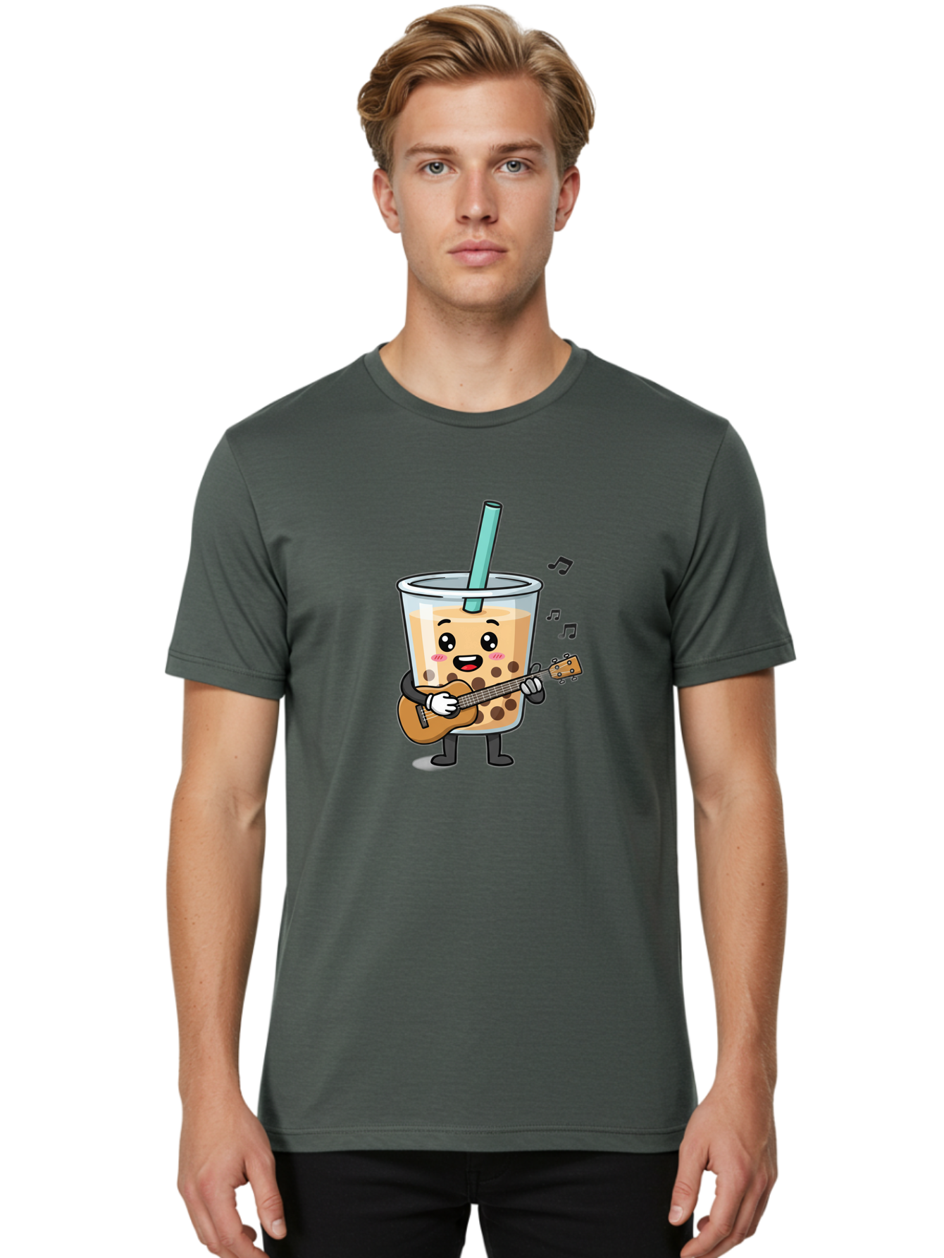 Bubble-Tea-With-Ukulele Men'S Graphic Tee, 100% Cotton, Comfortable Casual Summer Wear, Machine Washable, Boba Tea Playing Guitar, Cute Cartoon Character, Bubble Tea Mascot, Music Lover, Fun Beverage, Kawaii, Milk Tea, Quirky Illustration Bac713 20