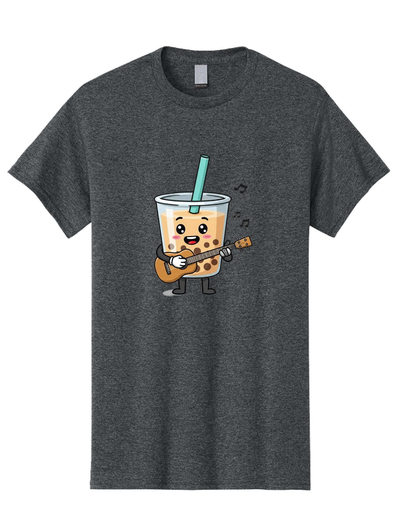 Bubble-Tea-With-Ukulele Men'S Graphic Tee, 100% Cotton, Comfortable Casual Summer Wear, Machine Washable, Boba Tea Playing Guitar, Cute Cartoon Character, Bubble Tea Mascot, Music Lover, Fun Beverage, Kawaii, Milk Tea, Quirky Illustration Bac713