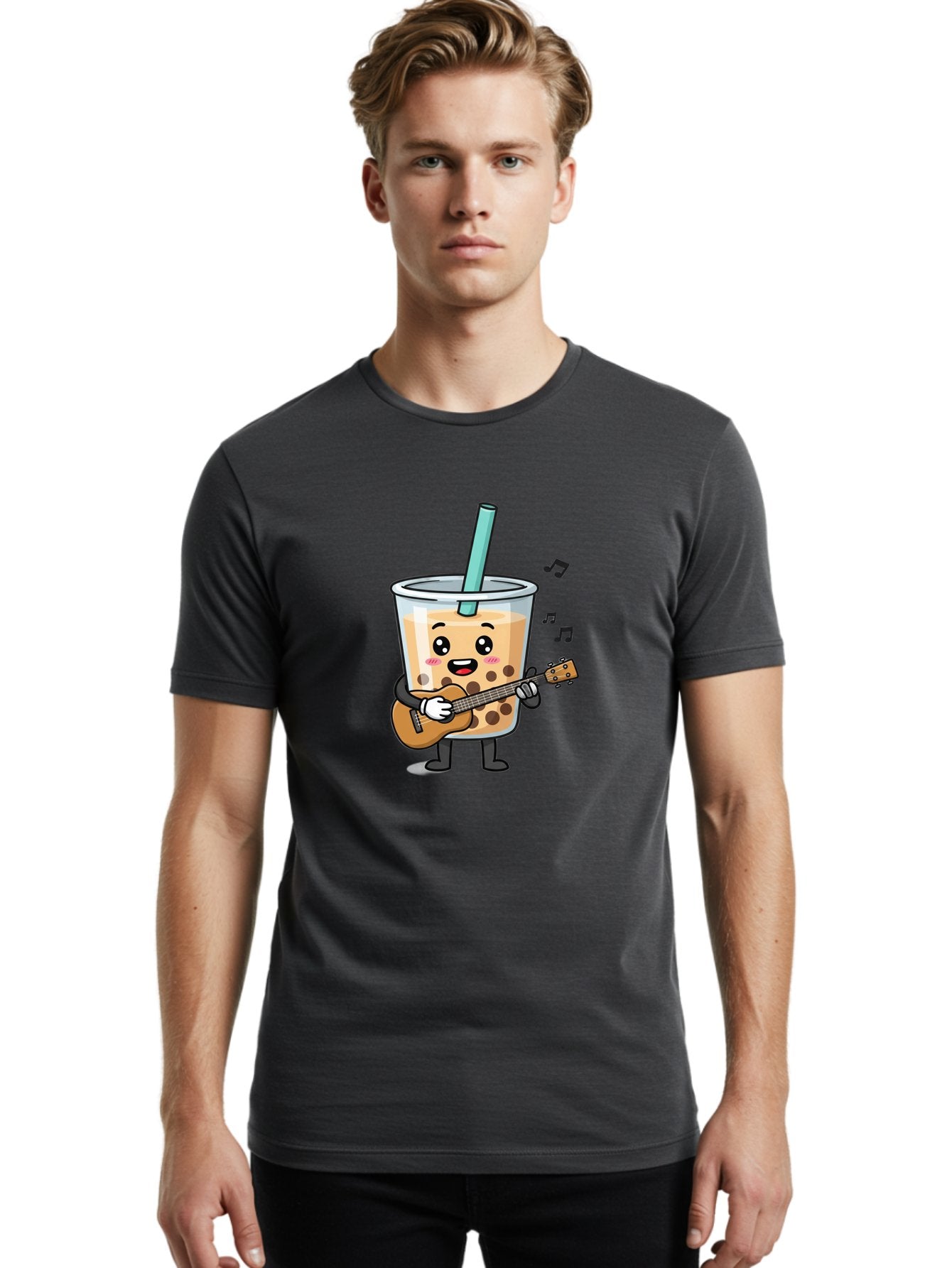 Bubble-Tea-With-Ukulele Men'S Graphic Tee, 100% Cotton, Comfortable Casual Summer Wear, Machine Washable, Boba Tea Playing Guitar, Cute Cartoon Character, Bubble Tea Mascot, Music Lover, Fun Beverage, Kawaii, Milk Tea, Quirky Illustration Bac713 21