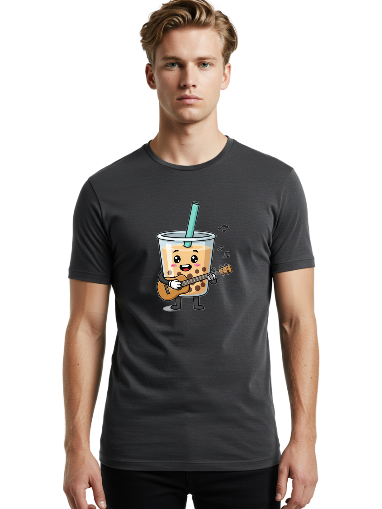 Bubble-Tea-With-Ukulele Men'S Graphic Tee, 100% Cotton, Comfortable Casual Summer Wear, Machine Washable, Boba Tea Playing Guitar, Cute Cartoon Character, Bubble Tea Mascot, Music Lover, Fun Beverage, Kawaii, Milk Tea, Quirky Illustration Bac713 25