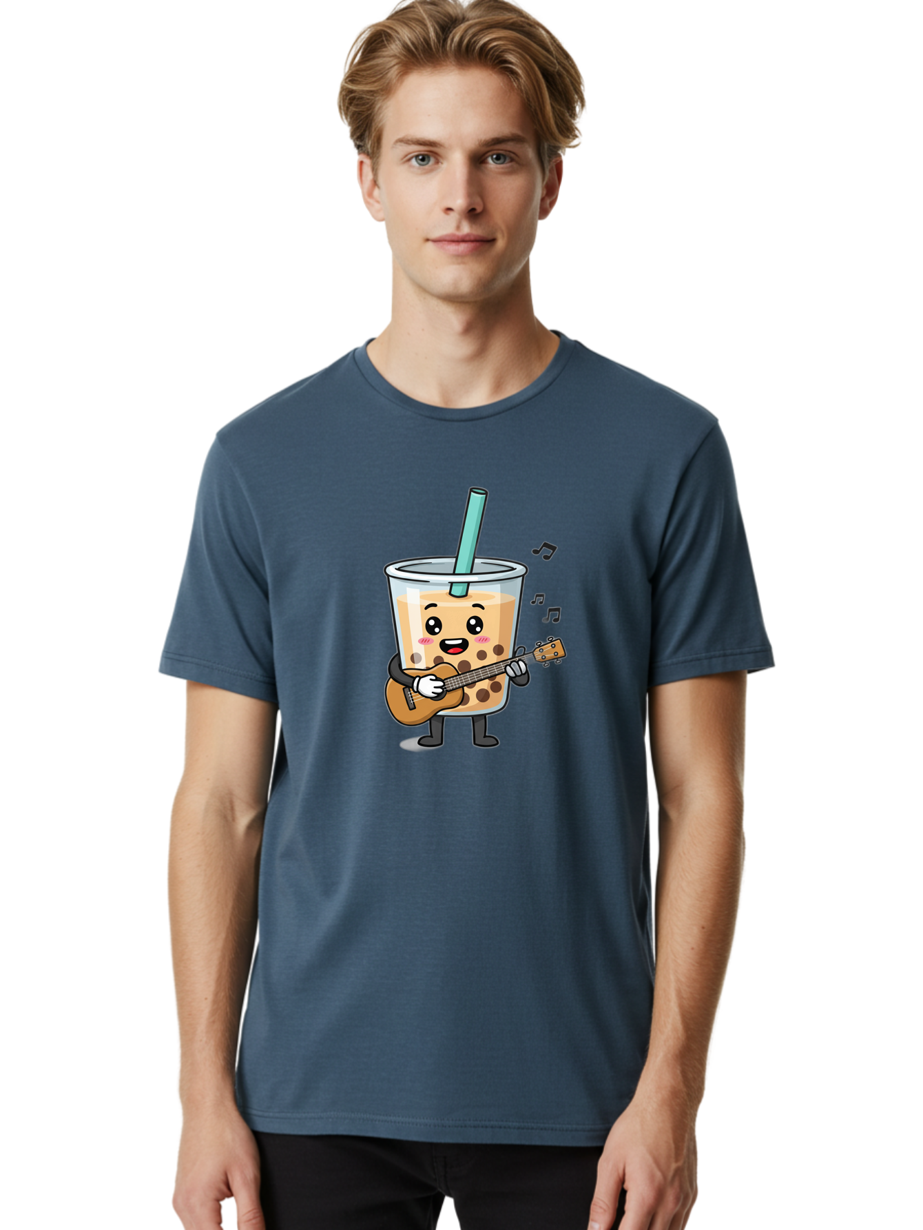 Bubble-Tea-With-Ukulele Men'S Graphic Tee, 100% Cotton, Comfortable Casual Summer Wear, Machine Washable, Boba Tea Playing Guitar, Cute Cartoon Character, Bubble Tea Mascot, Music Lover, Fun Beverage, Kawaii, Milk Tea, Quirky Illustration Bac713 19