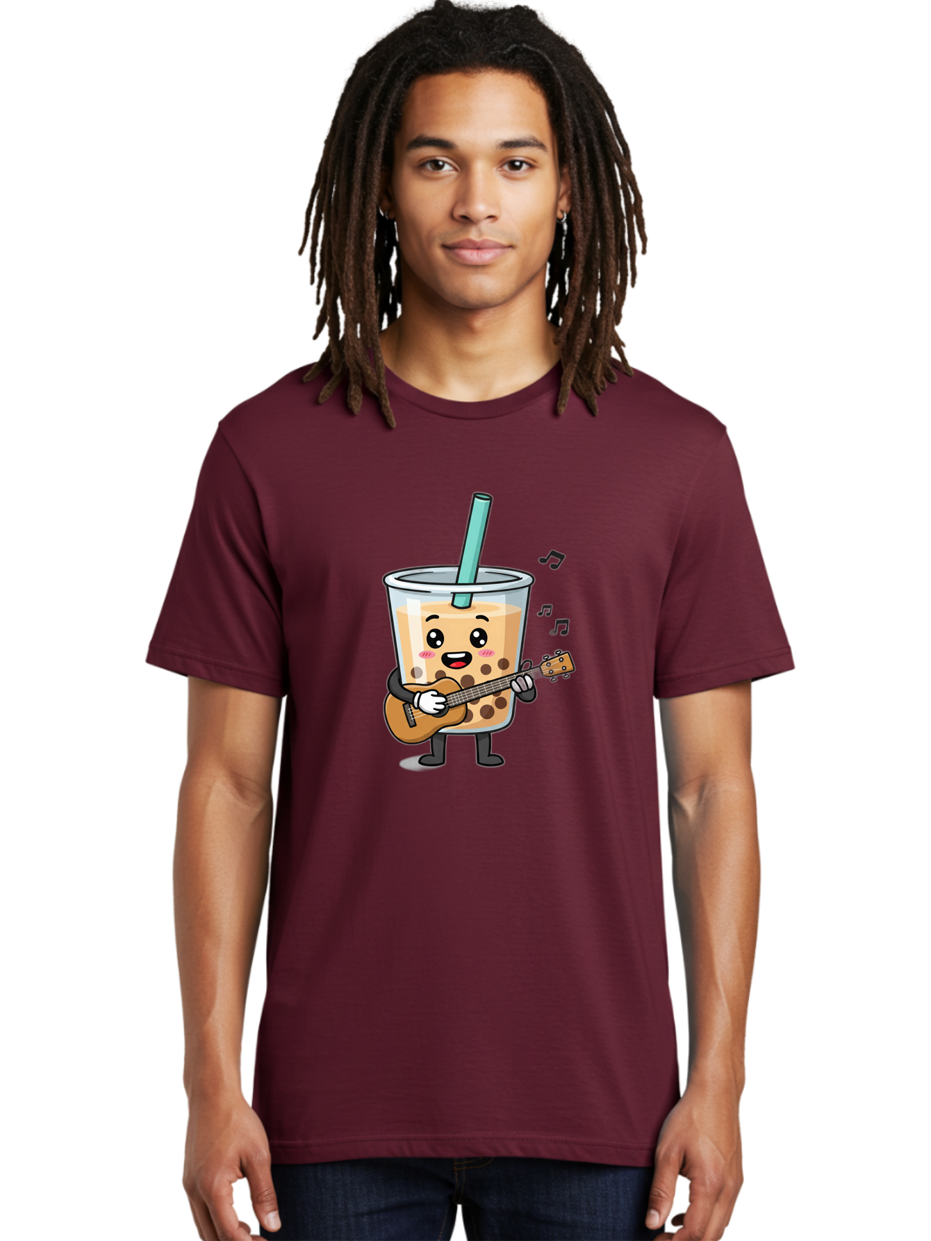 Bubble-Tea-With-Ukulele Men'S Graphic Tee, 100% Cotton, Comfortable Casual Summer Wear, Machine Washable, Boba Tea Playing Guitar, Cute Cartoon Character, Bubble Tea Mascot, Music Lover, Fun Beverage, Kawaii, Milk Tea, Quirky Illustration Bac713 24