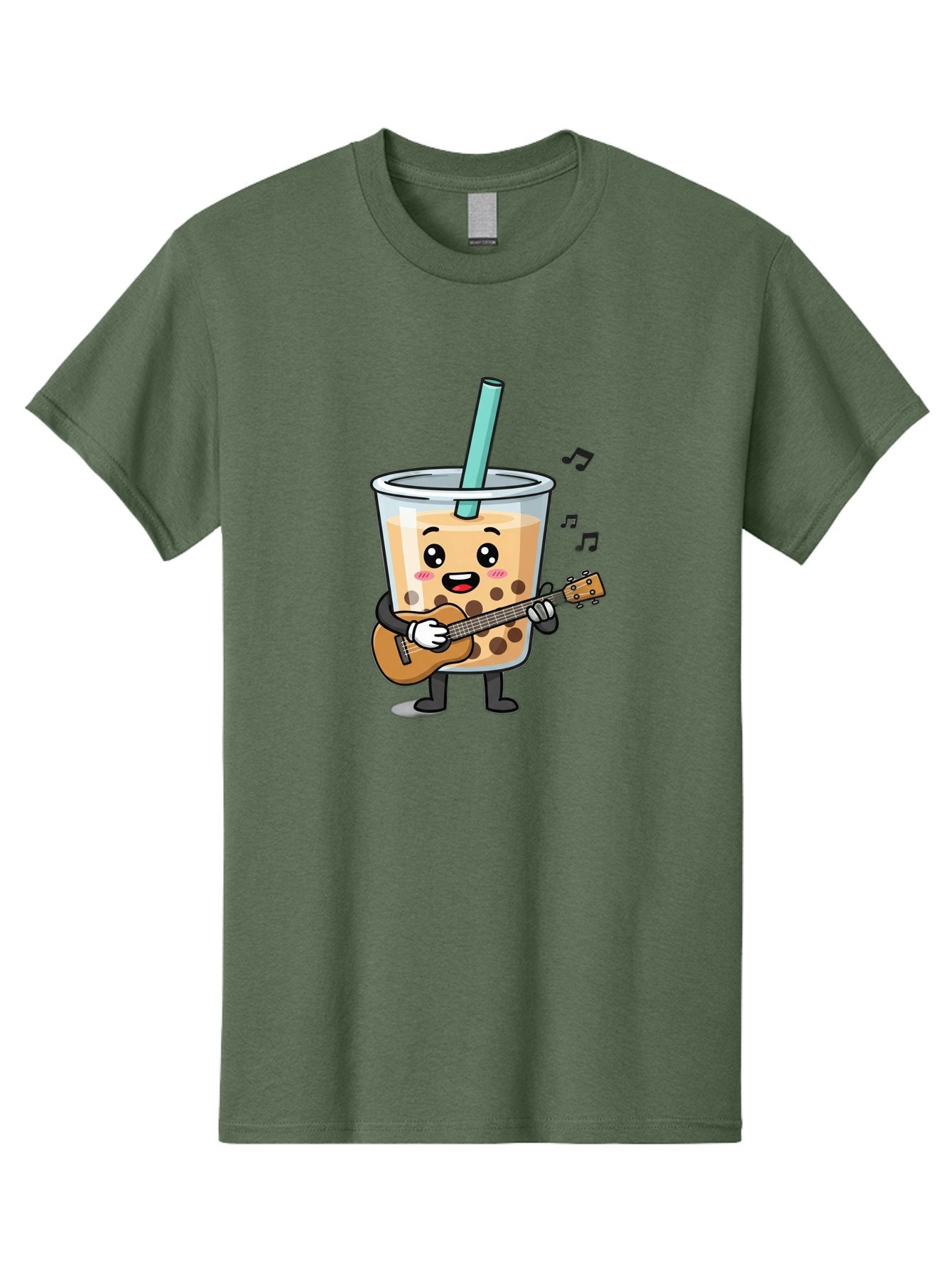 Bubble-Tea-With-Ukulele Men'S Graphic Tee, 100% Cotton, Comfortable Casual Summer Wear, Machine Washable, Boba Tea Playing Guitar, Cute Cartoon Character, Bubble Tea Mascot, Music Lover, Fun Beverage, Kawaii, Milk Tea, Quirky Illustration Bac713 4