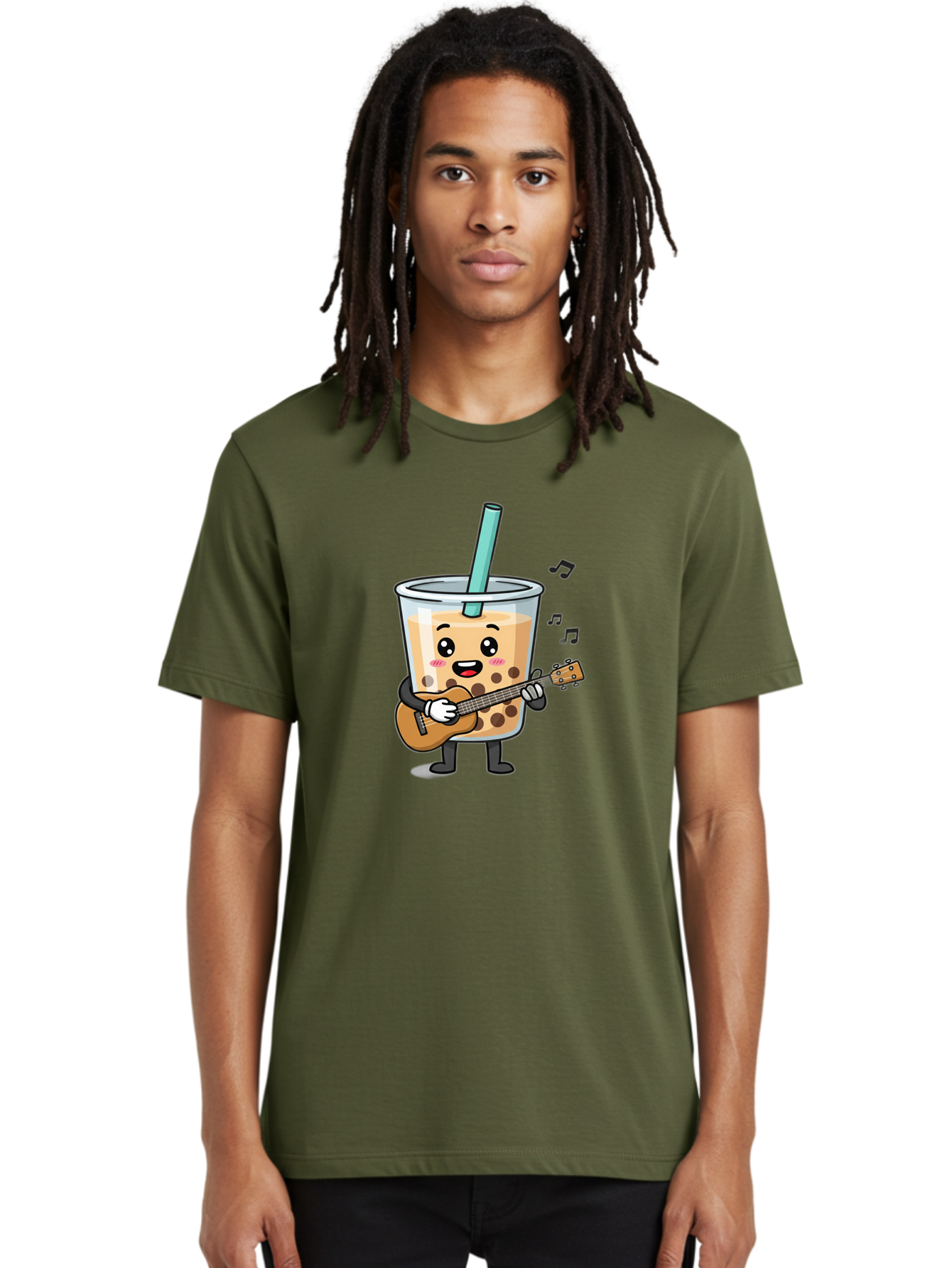 Bubble-Tea-With-Ukulele Men'S Graphic Tee, 100% Cotton, Comfortable Casual Summer Wear, Machine Washable, Boba Tea Playing Guitar, Cute Cartoon Character, Bubble Tea Mascot, Music Lover, Fun Beverage, Kawaii, Milk Tea, Quirky Illustration Bac713 27