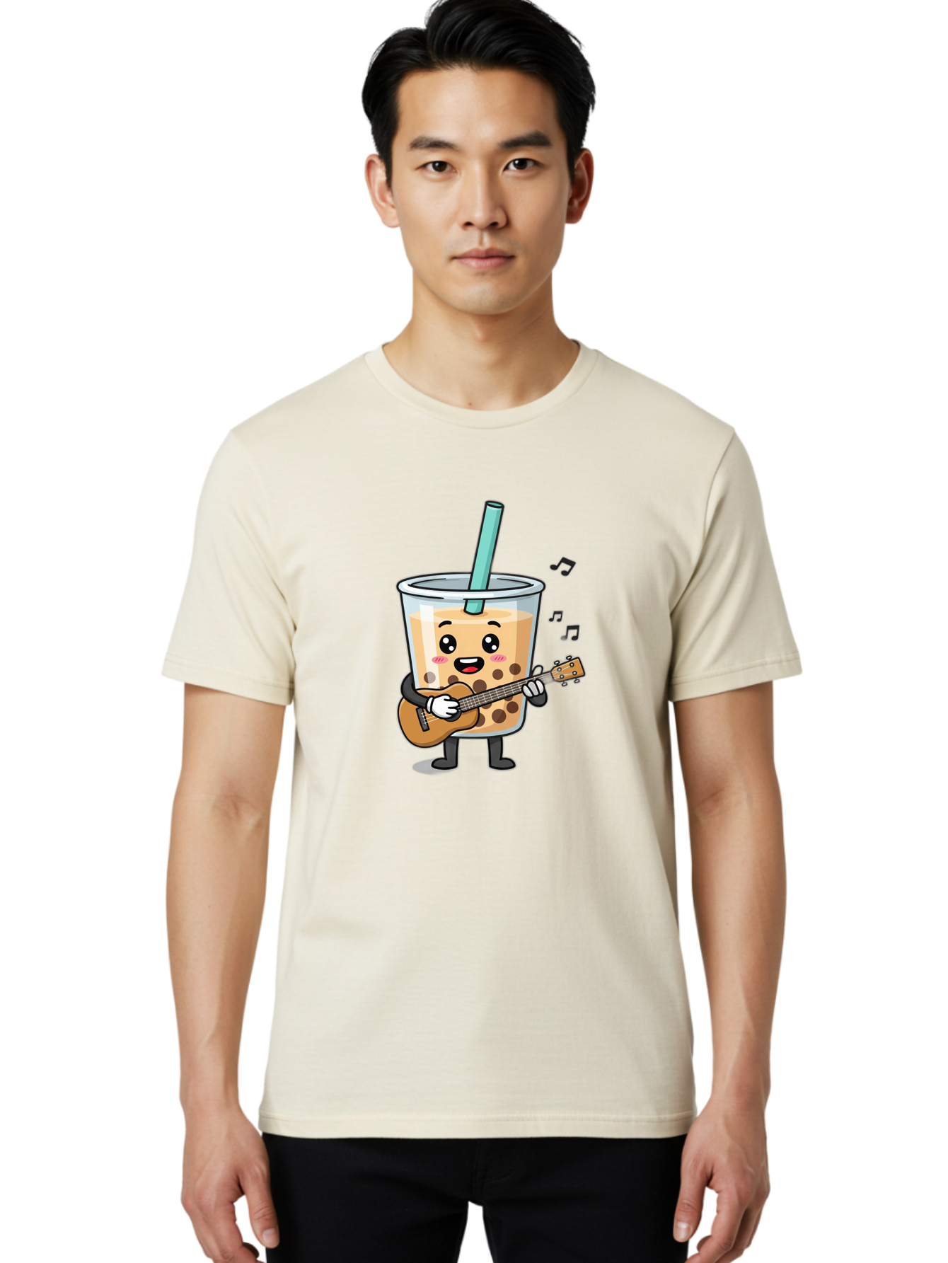 Bubble-Tea-With-Ukulele Men'S Graphic Tee, 100% Cotton, Comfortable Casual Summer Wear, Machine Washable, Boba Tea Playing Guitar, Cute Cartoon Character, Bubble Tea Mascot, Music Lover, Fun Beverage, Kawaii, Milk Tea, Quirky Illustration Bac713 16