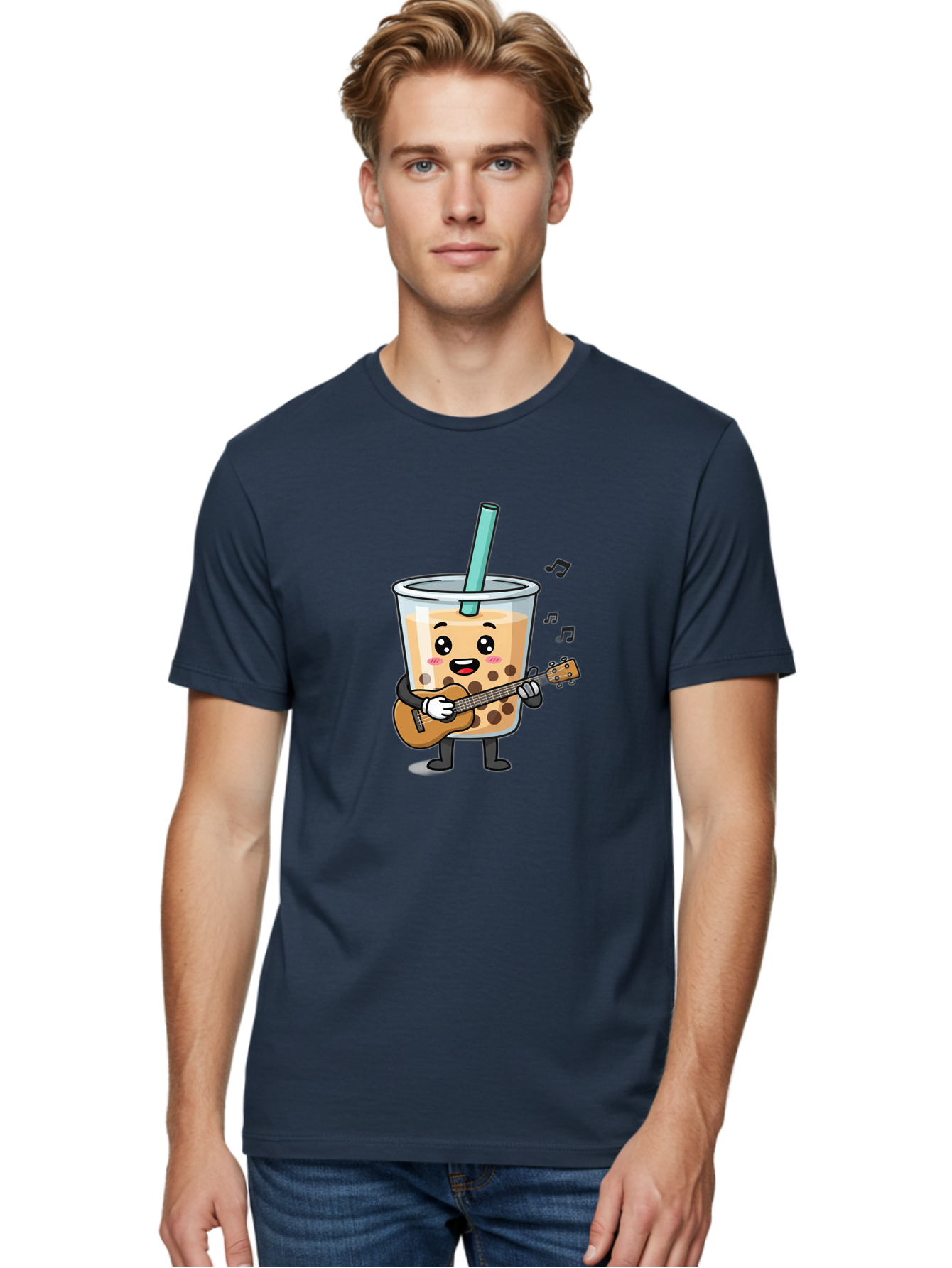 Bubble-Tea-With-Ukulele Men'S Graphic Tee, 100% Cotton, Comfortable Casual Summer Wear, Machine Washable, Boba Tea Playing Guitar, Cute Cartoon Character, Bubble Tea Mascot, Music Lover, Fun Beverage, Kawaii, Milk Tea, Quirky Illustration Bac713 23