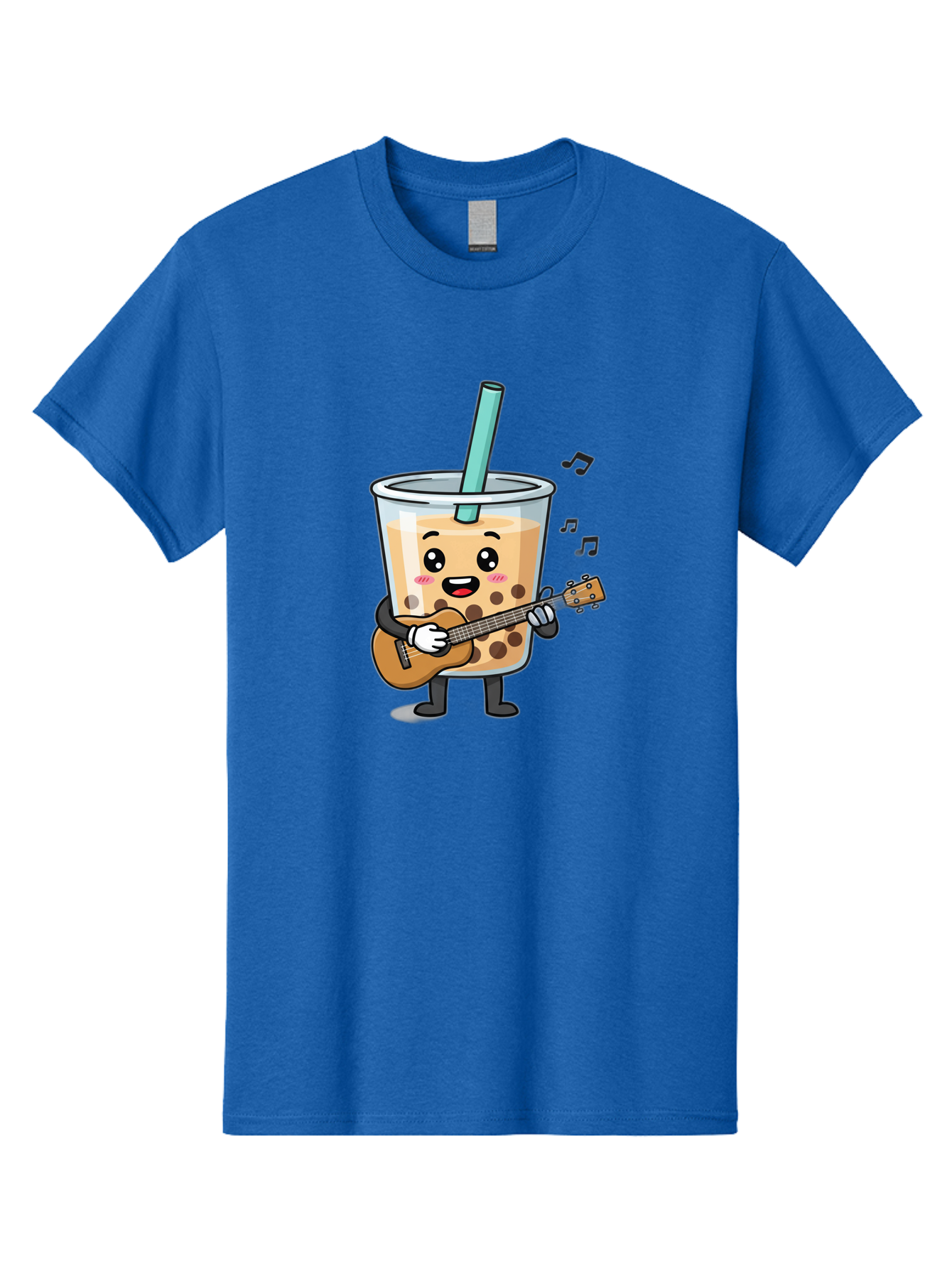Bubble-Tea-With-Ukulele Men'S Graphic Tee, 100% Cotton, Comfortable Casual Summer Wear, Machine Washable, Boba Tea Playing Guitar, Cute Cartoon Character, Bubble Tea Mascot, Music Lover, Fun Beverage, Kawaii, Milk Tea, Quirky Illustration Bac713 3