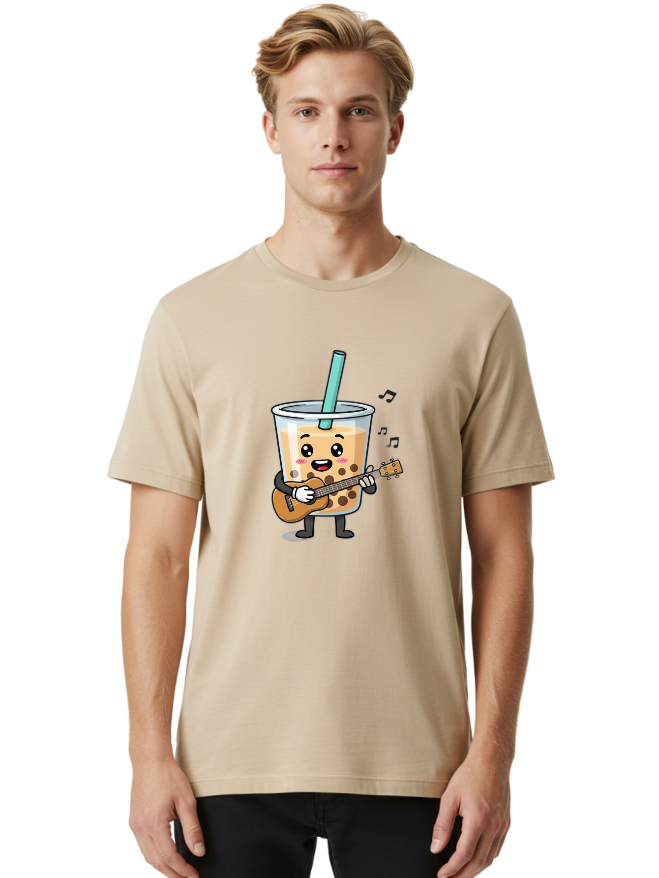 Bubble-Tea-With-Ukulele Men'S Graphic Tee, 100% Cotton, Comfortable Casual Summer Wear, Machine Washable, Boba Tea Playing Guitar, Cute Cartoon Character, Bubble Tea Mascot, Music Lover, Fun Beverage, Kawaii, Milk Tea, Quirky Illustration Bac713 28
