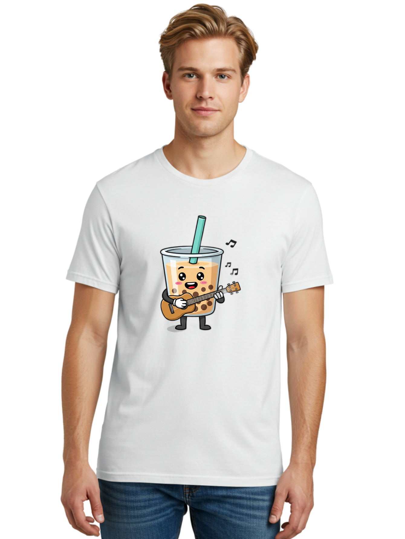 Bubble-Tea-With-Ukulele Men'S Graphic Tee, 100% Cotton, Comfortable Casual Summer Wear, Machine Washable, Boba Tea Playing Guitar, Cute Cartoon Character, Bubble Tea Mascot, Music Lover, Fun Beverage, Kawaii, Milk Tea, Quirky Illustration Bac713 22