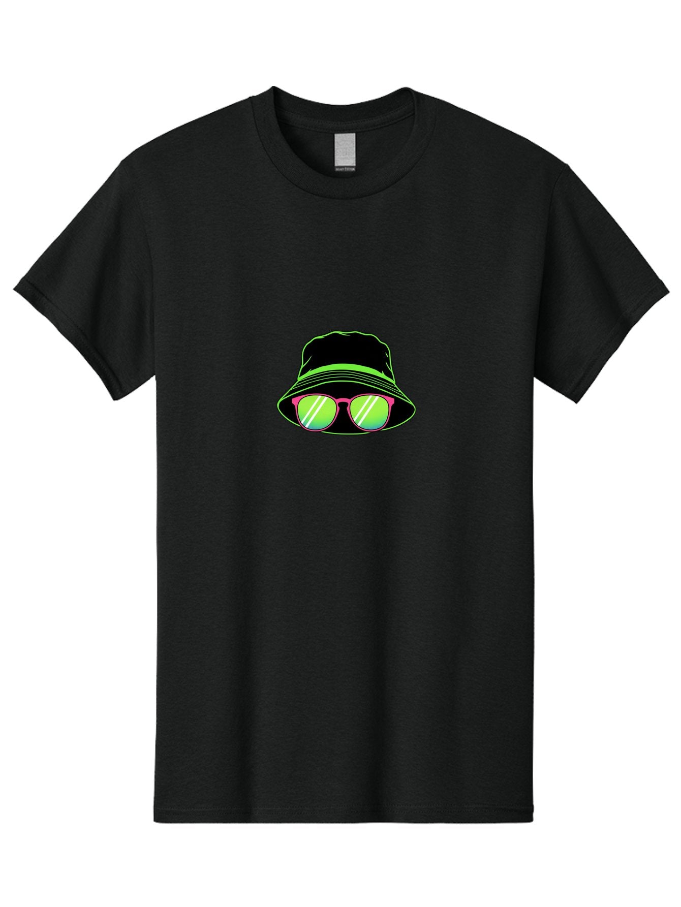 Bucket-Hat-Sunglasses Men'S Graphic Tee, 100% Cotton, Comfortable Casual Summer Wear, Machine Washable, Black Hat, Pink Sunglasses, Green Lenses, White Highlights, Stylish Accessory, Fashion Statement, Trendy Look, Cool Vibe, Hipster Style Bac718 12